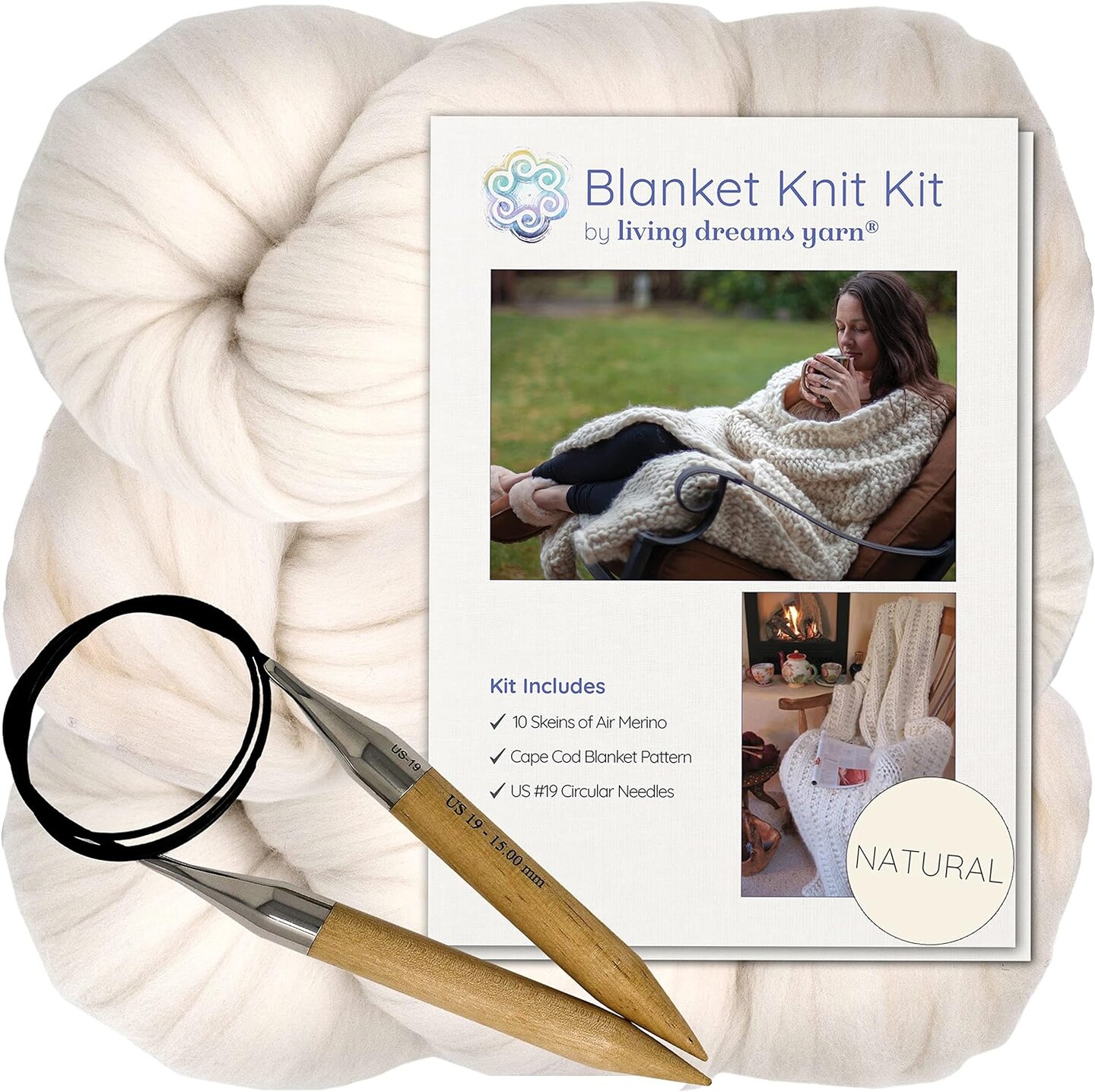 DIY Merino Wool Blanket Knitting Kit: Soft and Thick #7 Weight Jumbo Yarn, Knitting Needles and Pattern. Soft, Cozy, Great for Gifts