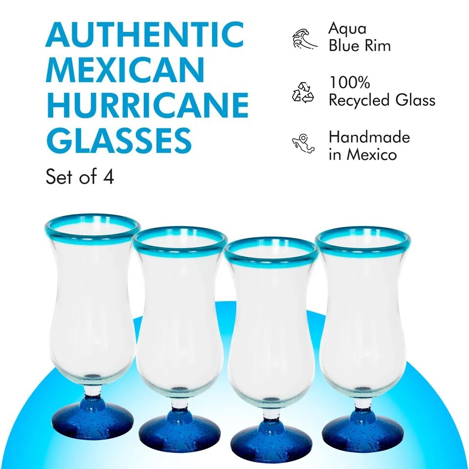 Amici Home Authentic Mexican Handmade 16 oz Hurricane Glass, Set of 4 - Aqua Rim