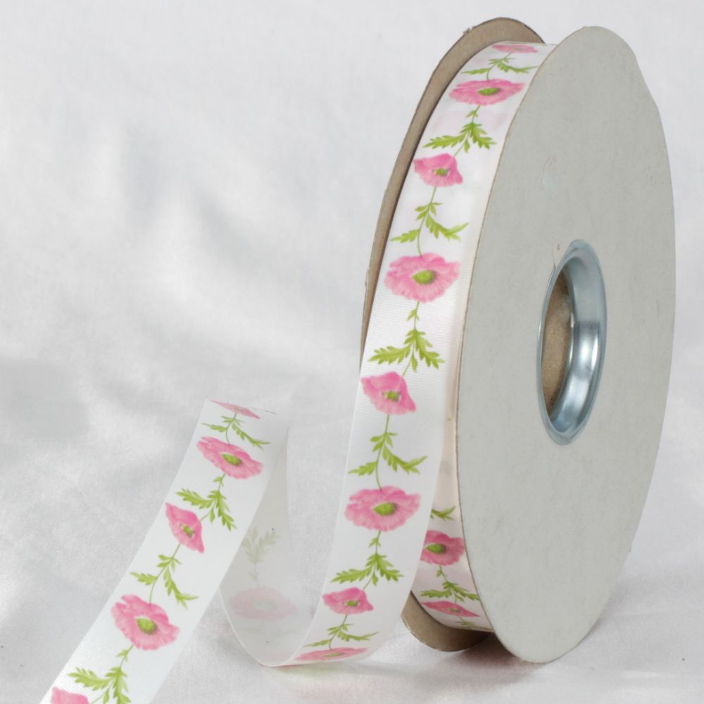 The Ribbon People White and Pink Floral Printed Ribbon 0.75&#x22; x 110 Yards