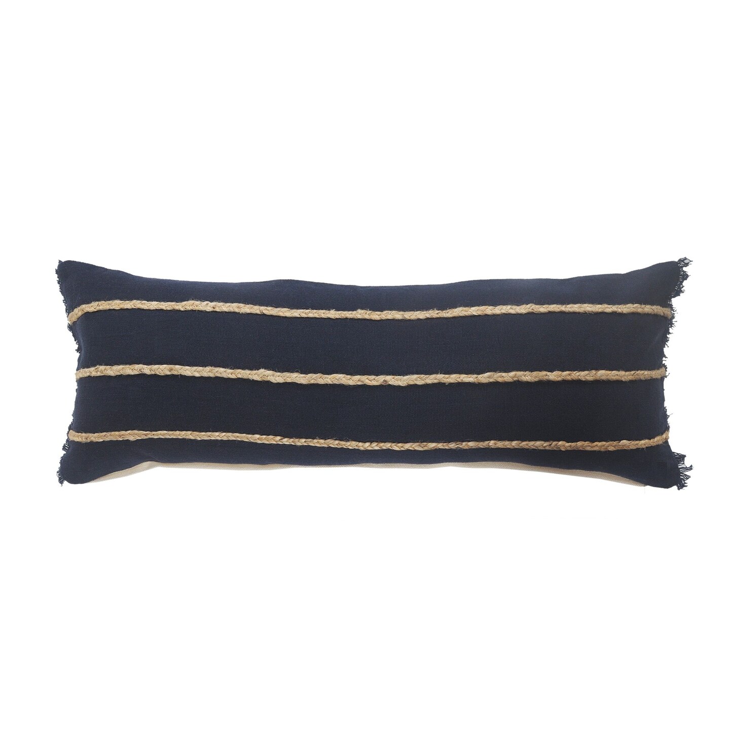 Laddha Home Designs 36&#x22; Navy and Tan Striped Rectangular Lumbar Pillow