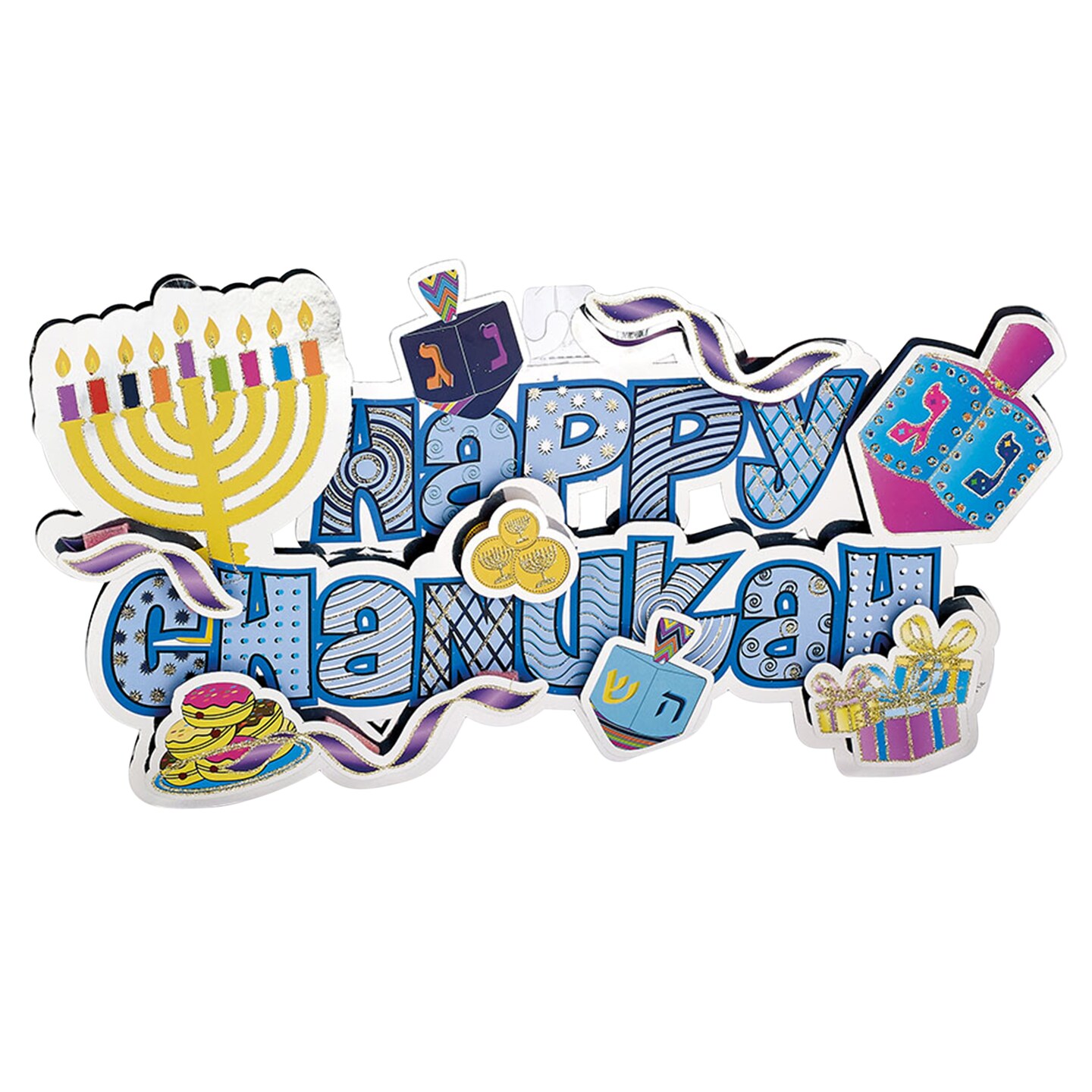 Rite Lite 14.5&#x22; Silver and Blue &#x27;Happy Hanukkah&#x27; 3-D Glittered Hanging Decor