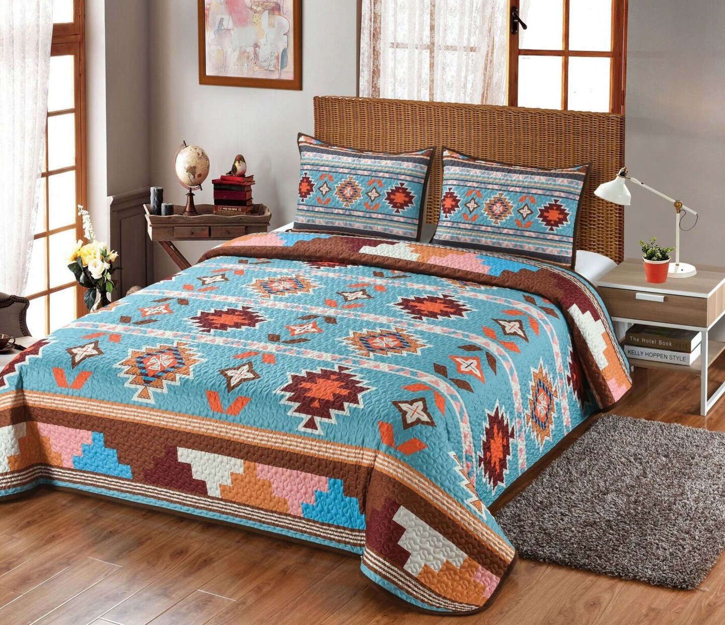 De Leon Collection 90&#x22; Blue and Orange Southwestern Beauty Queen Bedding Set