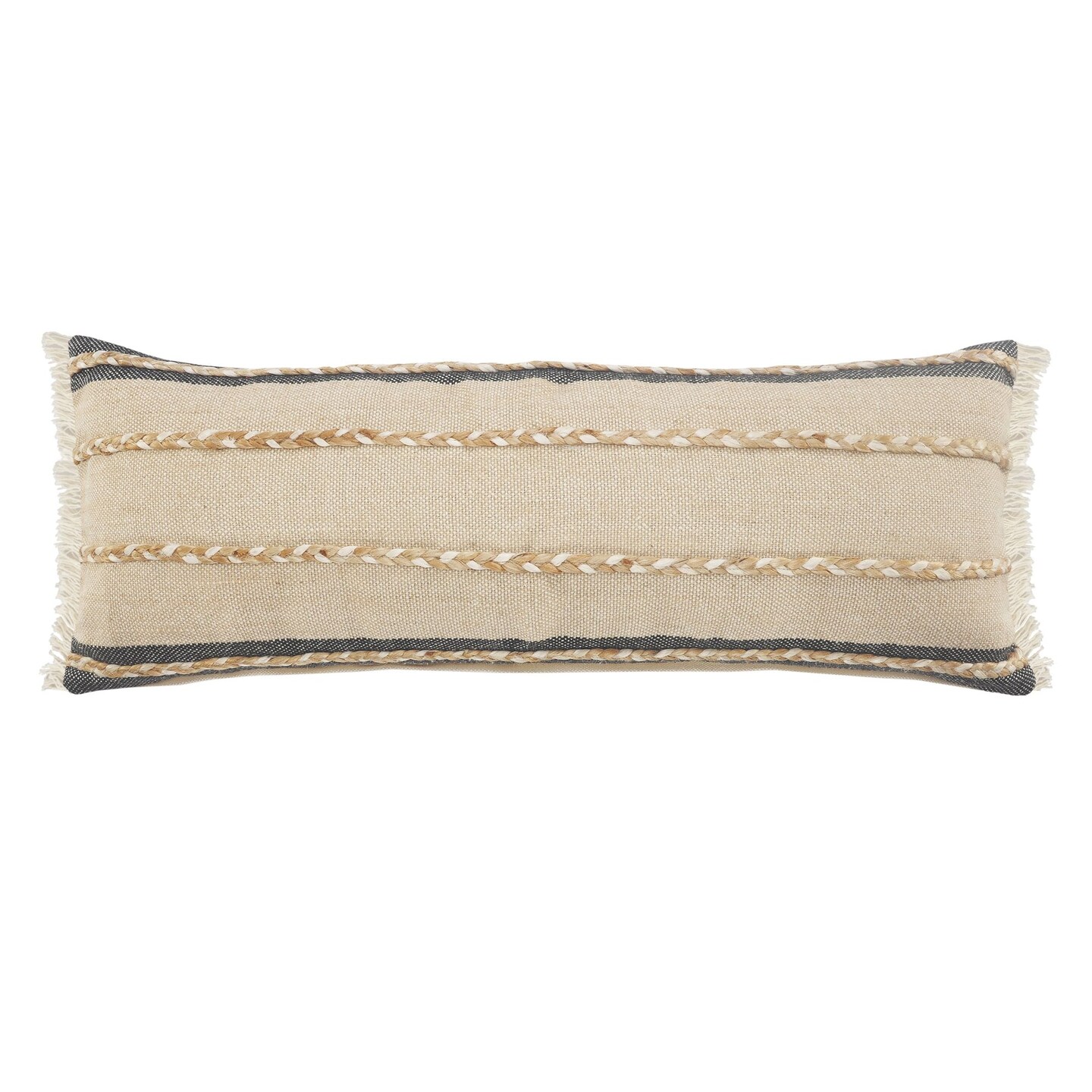Laddha Home Designs 36" Black and Taupe Striped Rectangular Lumbar Pillow with Jute Braiding