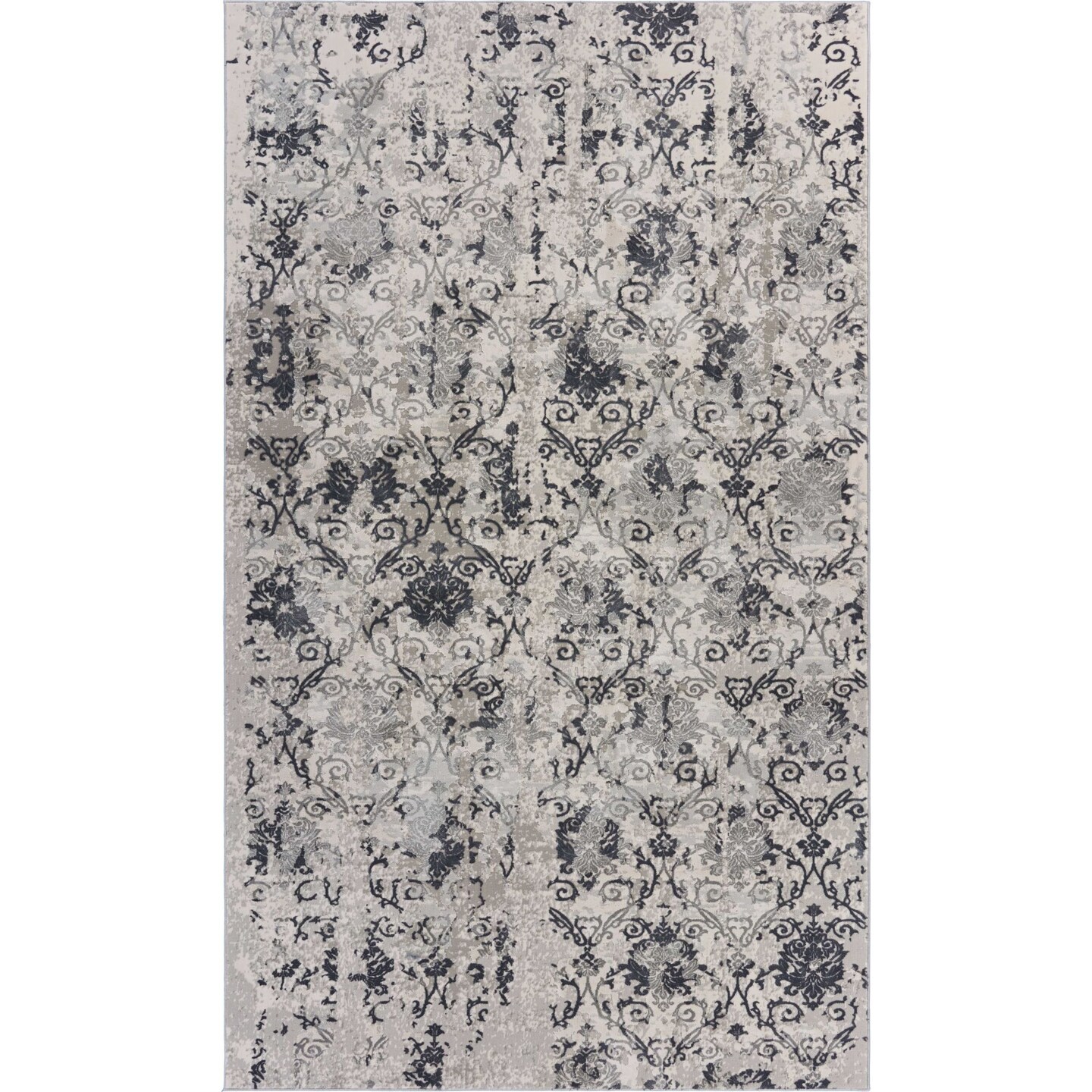 Laddha Home Designs 5.25' x 7.5' Beige and Gray Distressed Damask Rectangular Area Throw Rug