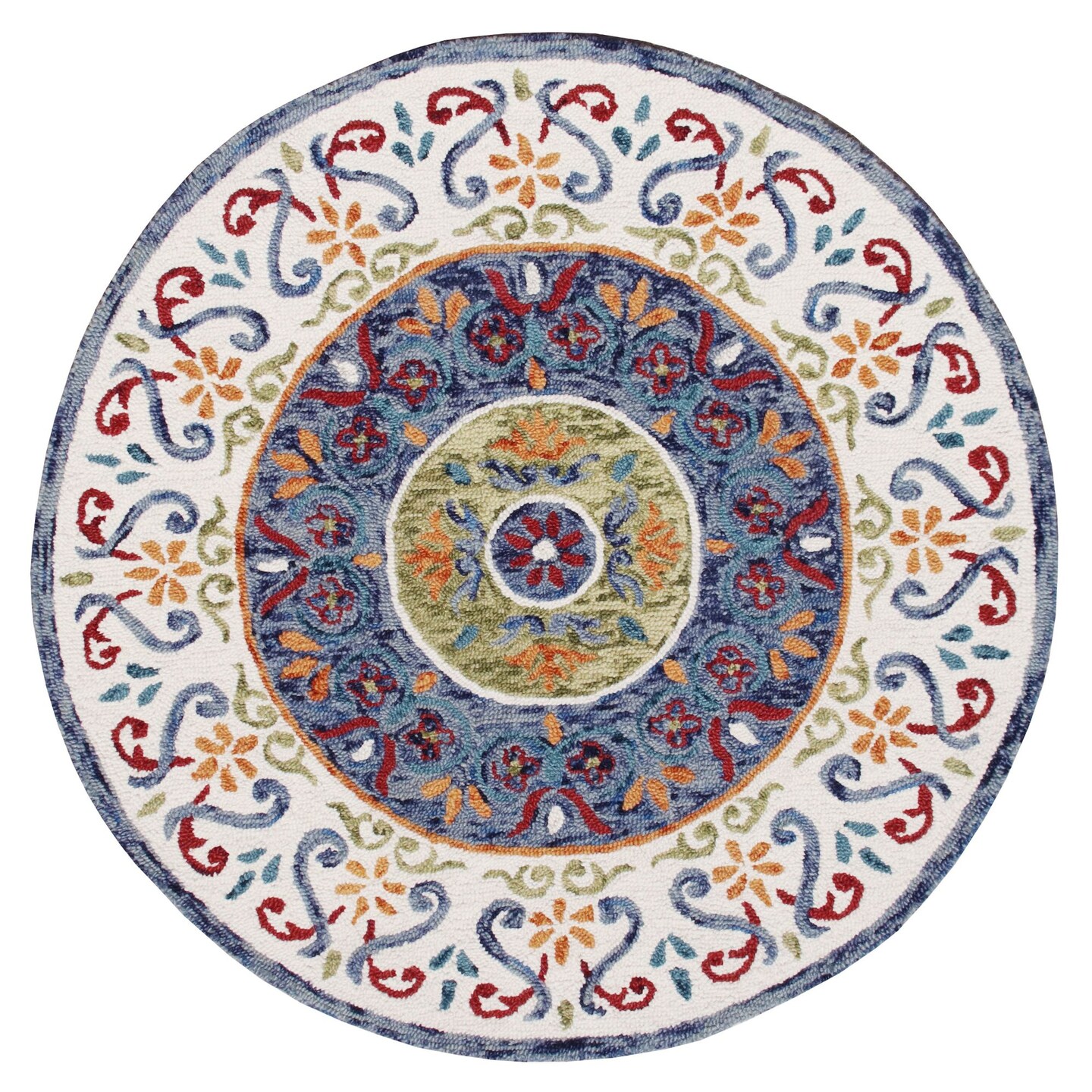 Laddha Home Designs 6' Blue and Orange Floral Mosaic Hand Tufted Round Wool Area Throw Rug