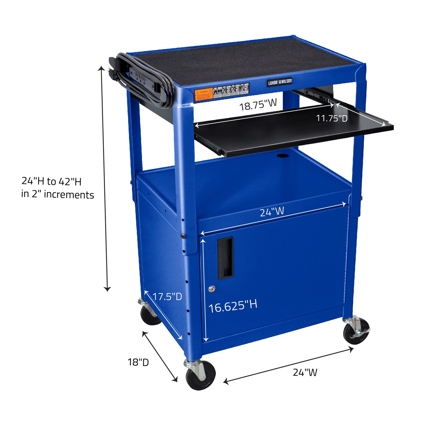 Luxor Office Multipurpose Height Adjustable Metal A/V Utility Cart with Pullout Keyboard Tray and Cabinet