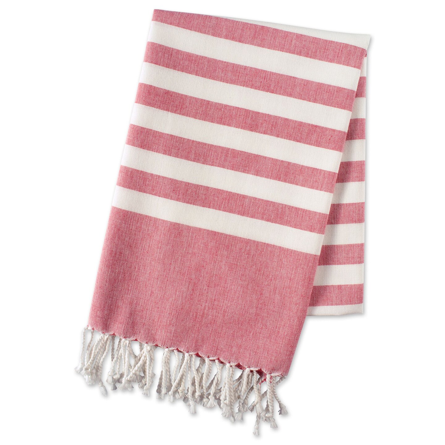 Contemporary Home Living Striped Fouta Cotton Turkish Towel with Twisted Tassels - 59&#x22; - Red and White
