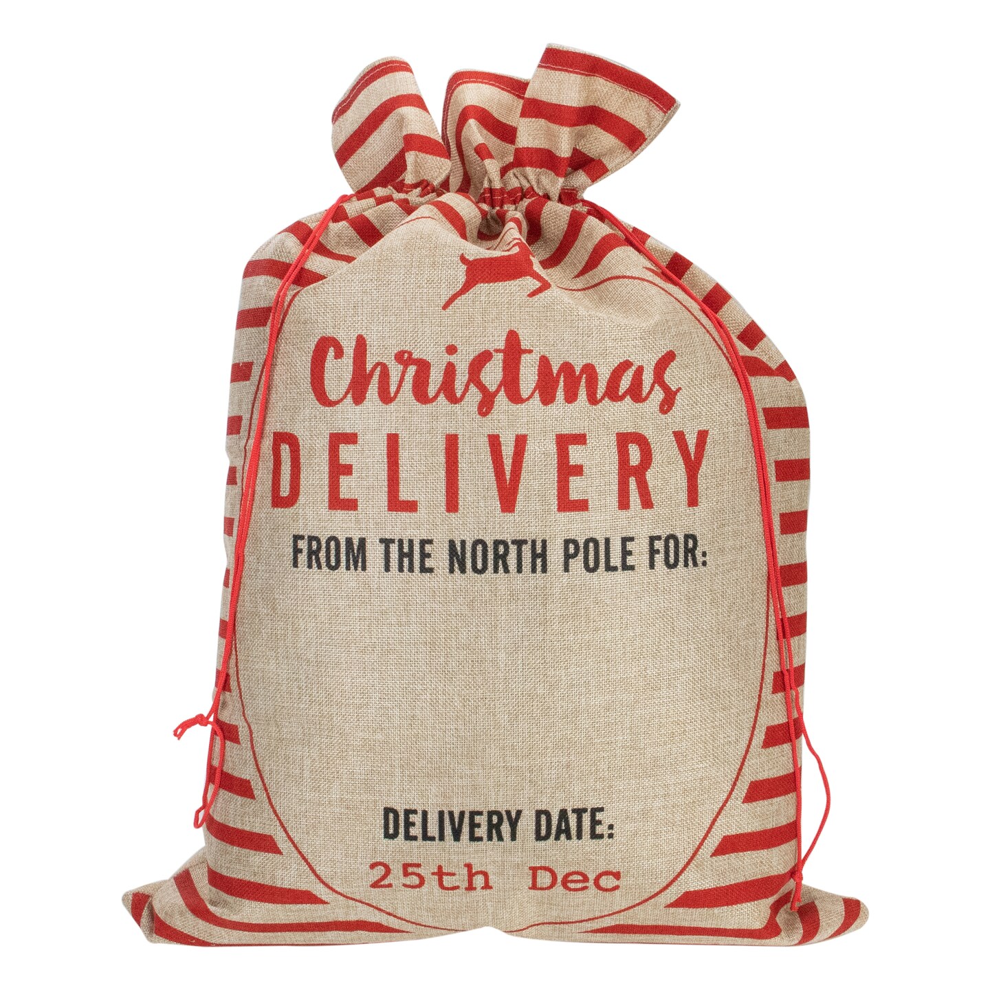 Northlight Striped &#x22;Christmas Delivery&#x22; Tied Gift Bag - 27&#x22; - Beige and Red