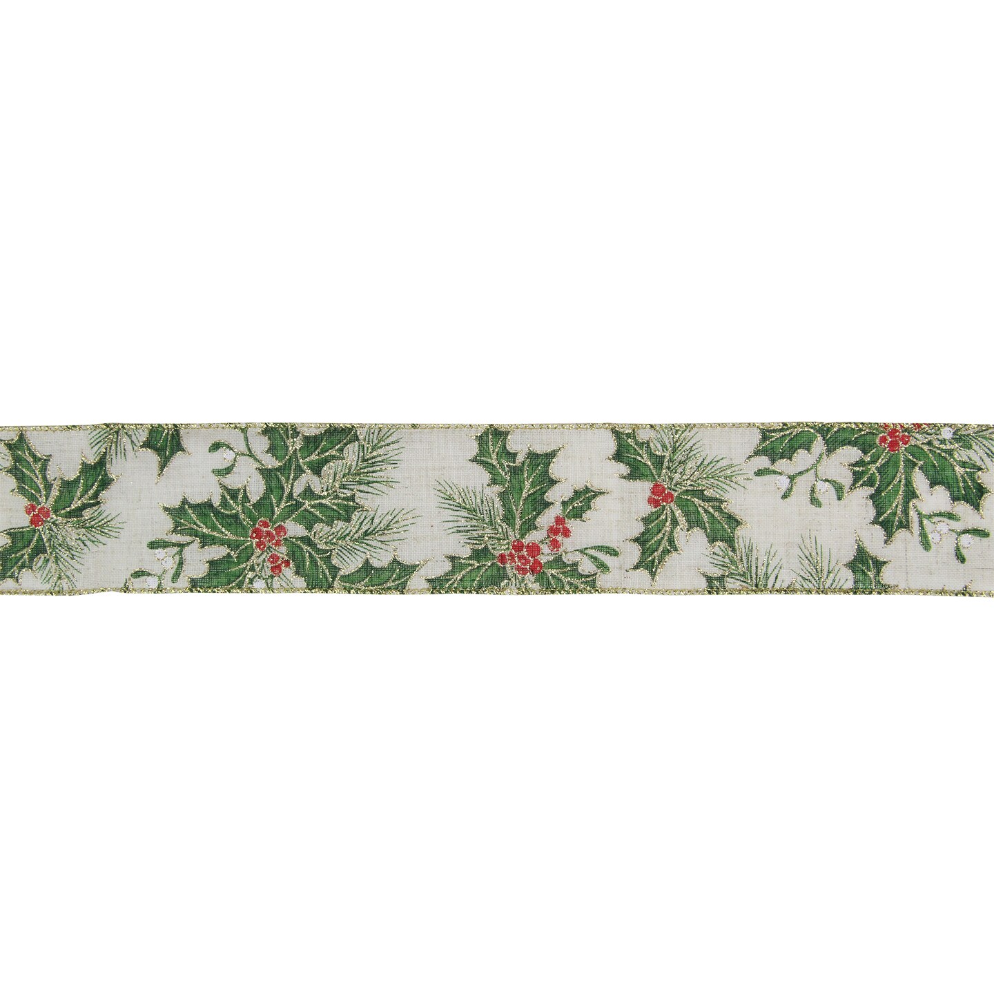 Northlight Ivory and Green Holly Leaves Christmas Wired Craft Ribbon 2.5&#x22; x 16 Yards