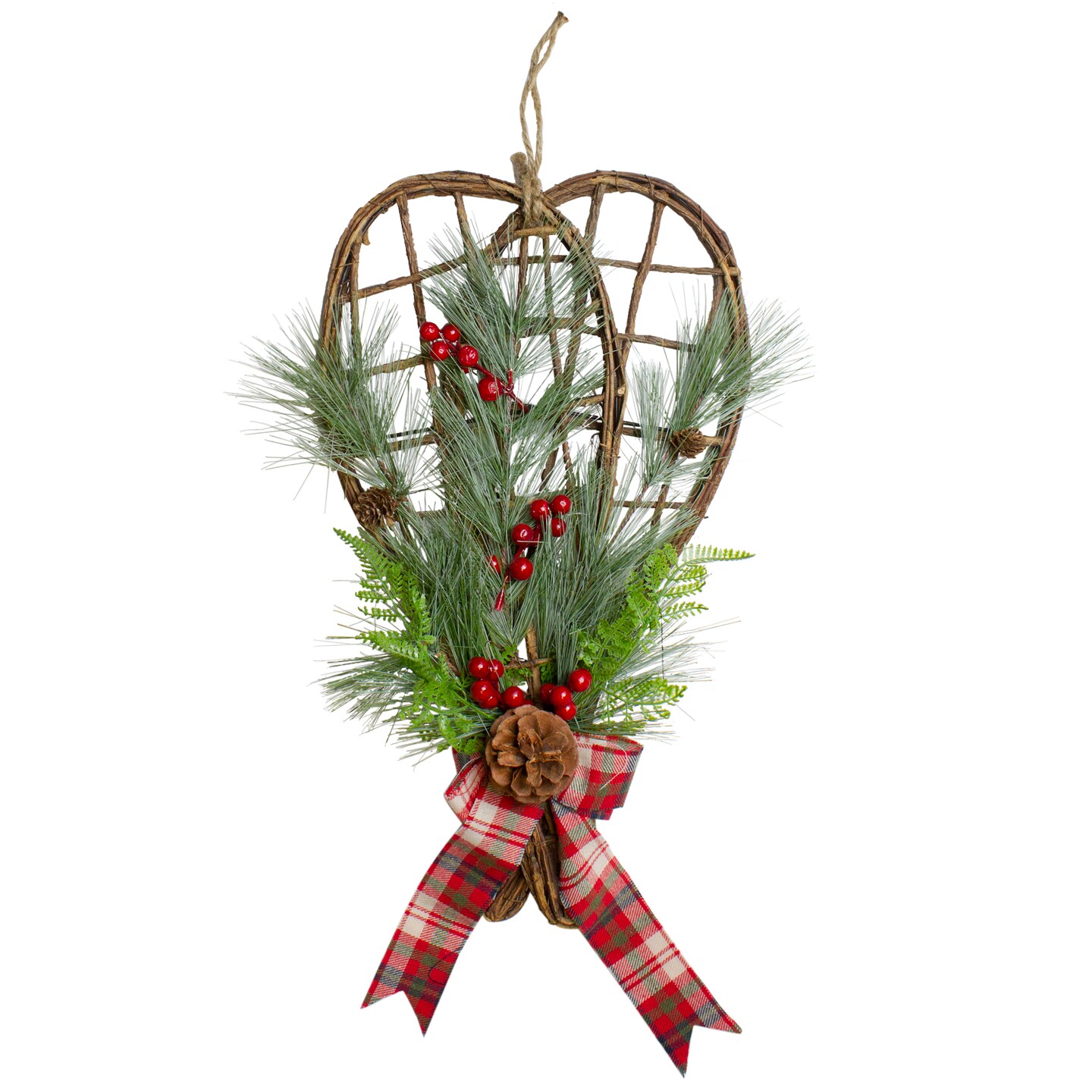 Northlight 20&#x22; Red and Green Cedar and Berries Twig Snowshoes Christmas Wall Decor