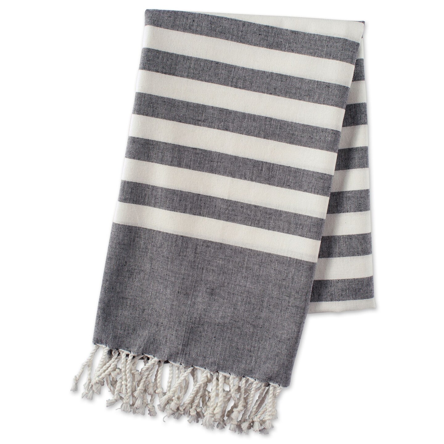 Contemporary Home Living Striped Fouta Cotton Turkish Towel with Twisted Tassels - 59&#x22; - Gray and White