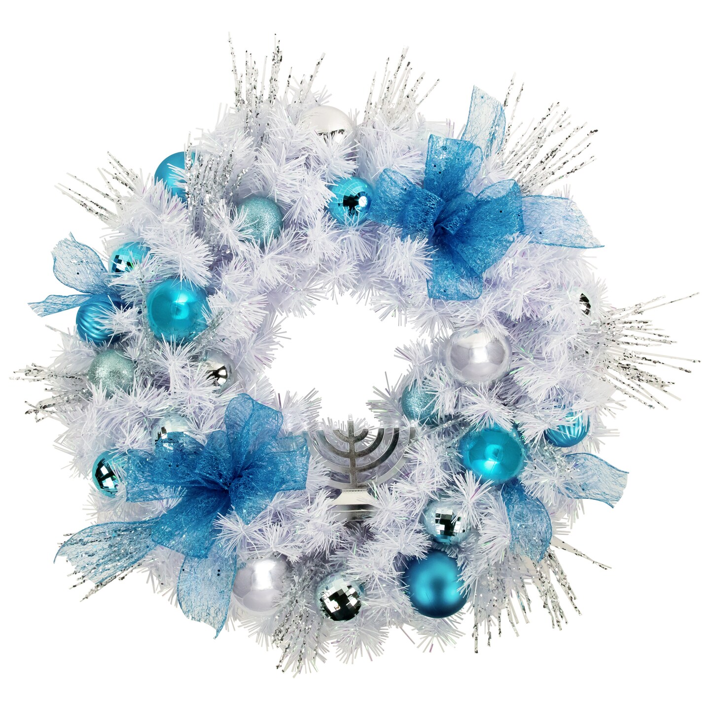 Northlight 24" Pre-Decorated Menorah Artificial White Pine Hanukkah Wreath