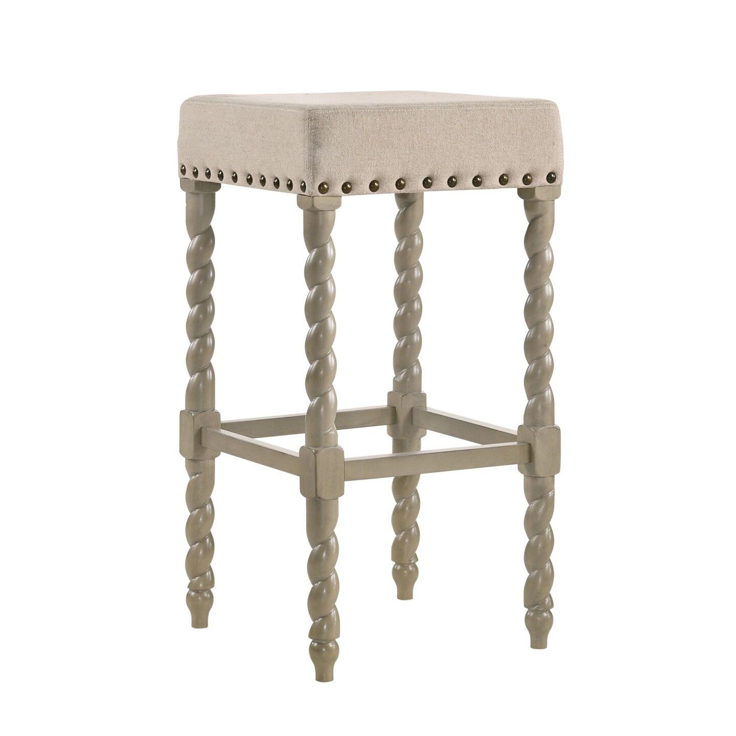 Contemporary Home Living 30&#x22; Gray and Ivory Nailhead Trimmed Bar Stool with Barley Twist Legs