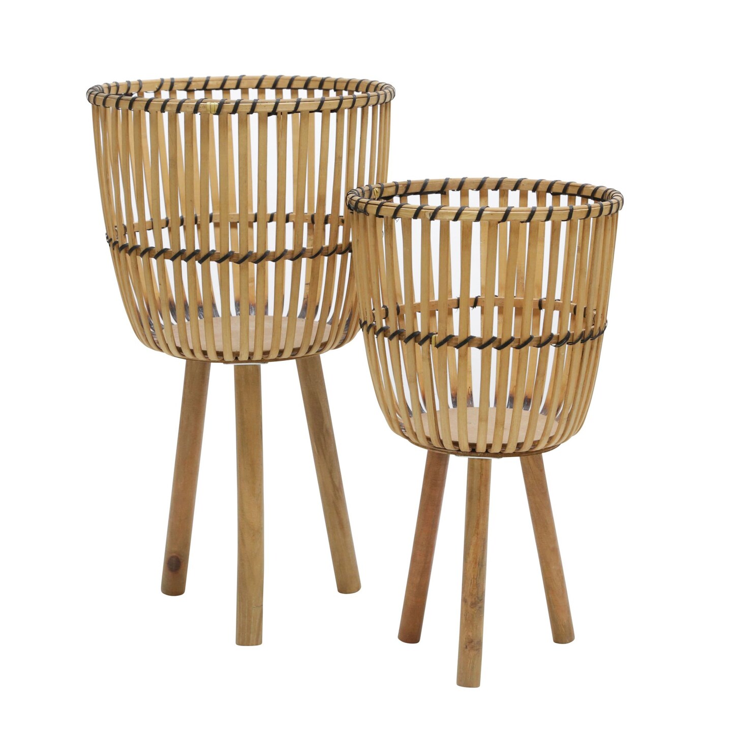 Kingston Living Set of 2 Natural Brown and Black Wicker Bamboo Wood Outdoor Footed Planters on Stand 23&#x22;
