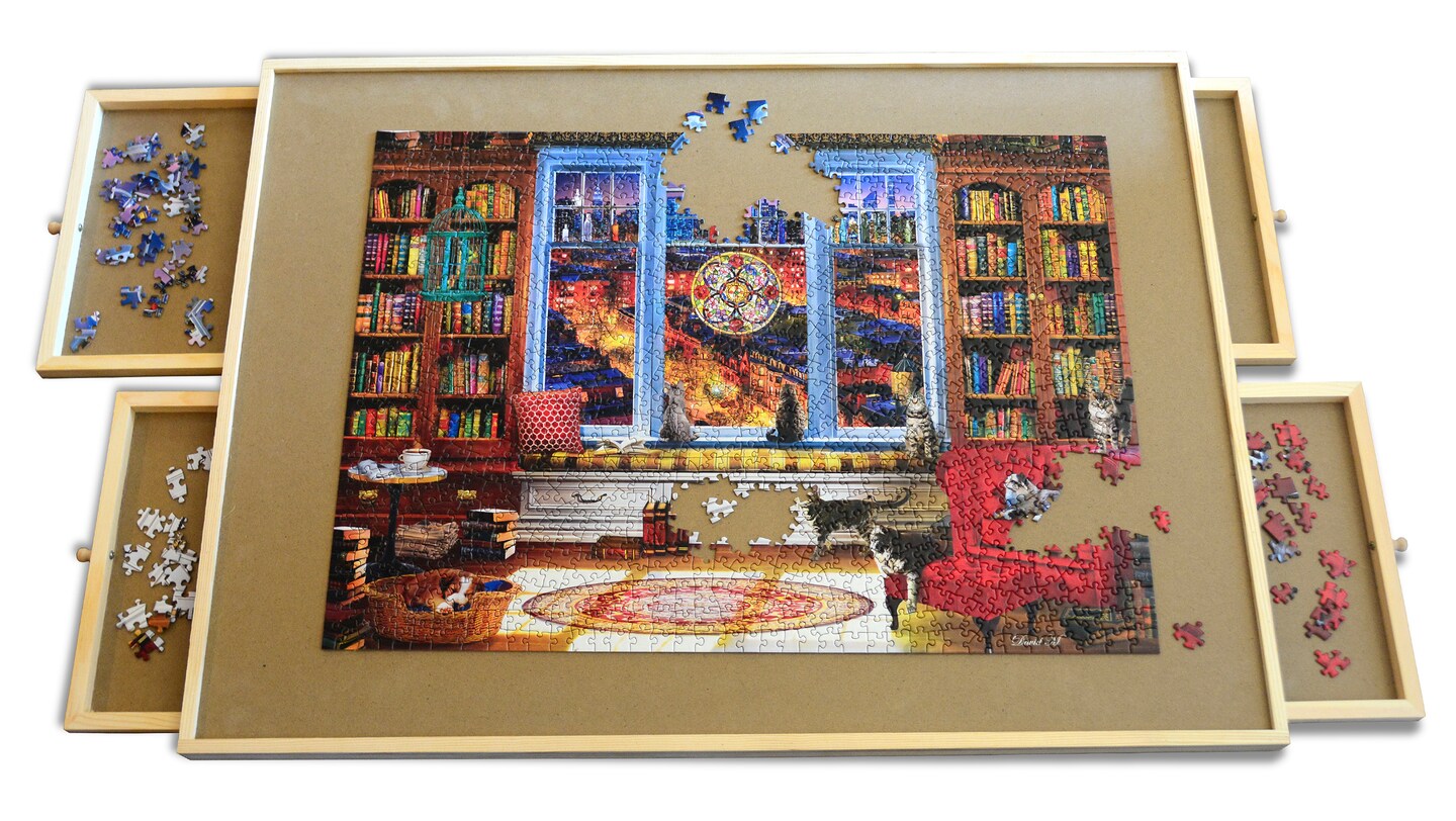 MasterPieces Wooden Jigsaw Puzzle Table - Fits up to 1500 Piece Puzzle - 4 Drawers, Puzzle Board with Plastic Cover - 35" x 27"