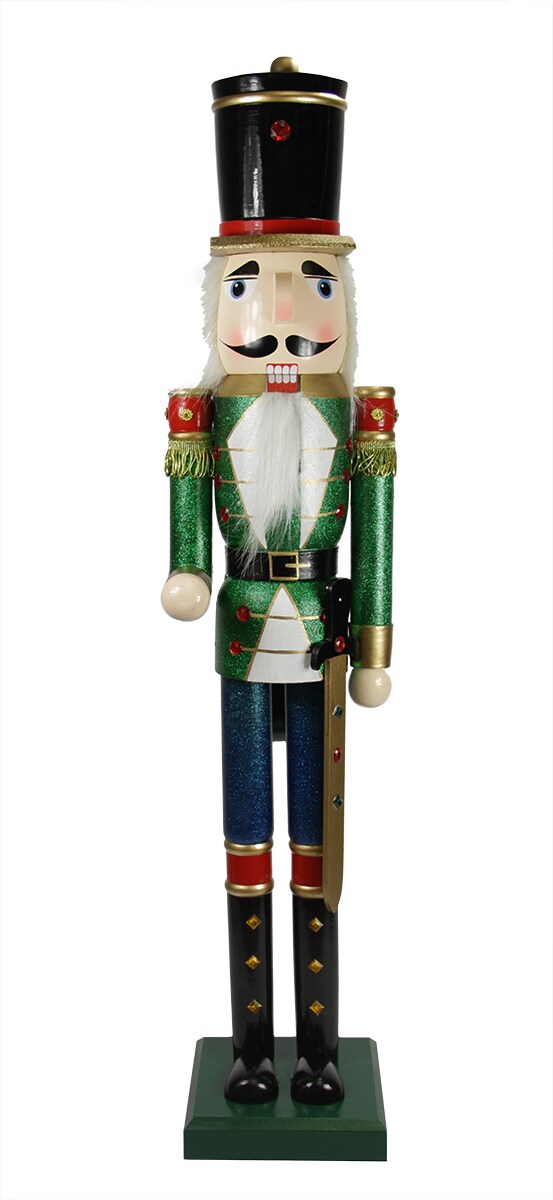 Nutcracker Factory 36" Decorative Green and Blue Glittered Wooden Christmas Nutcracker Soldier with Sword
