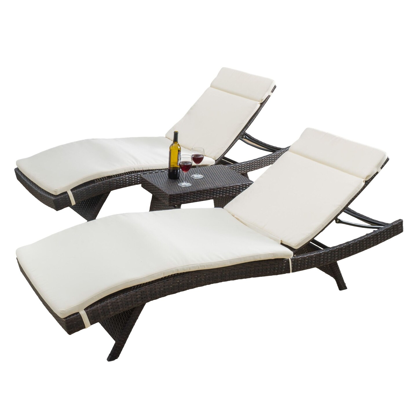 Contemporary Home Living Set of 3 Beige and Brown Wicker Chaise Lounges with Coffee Table 80&#x22;