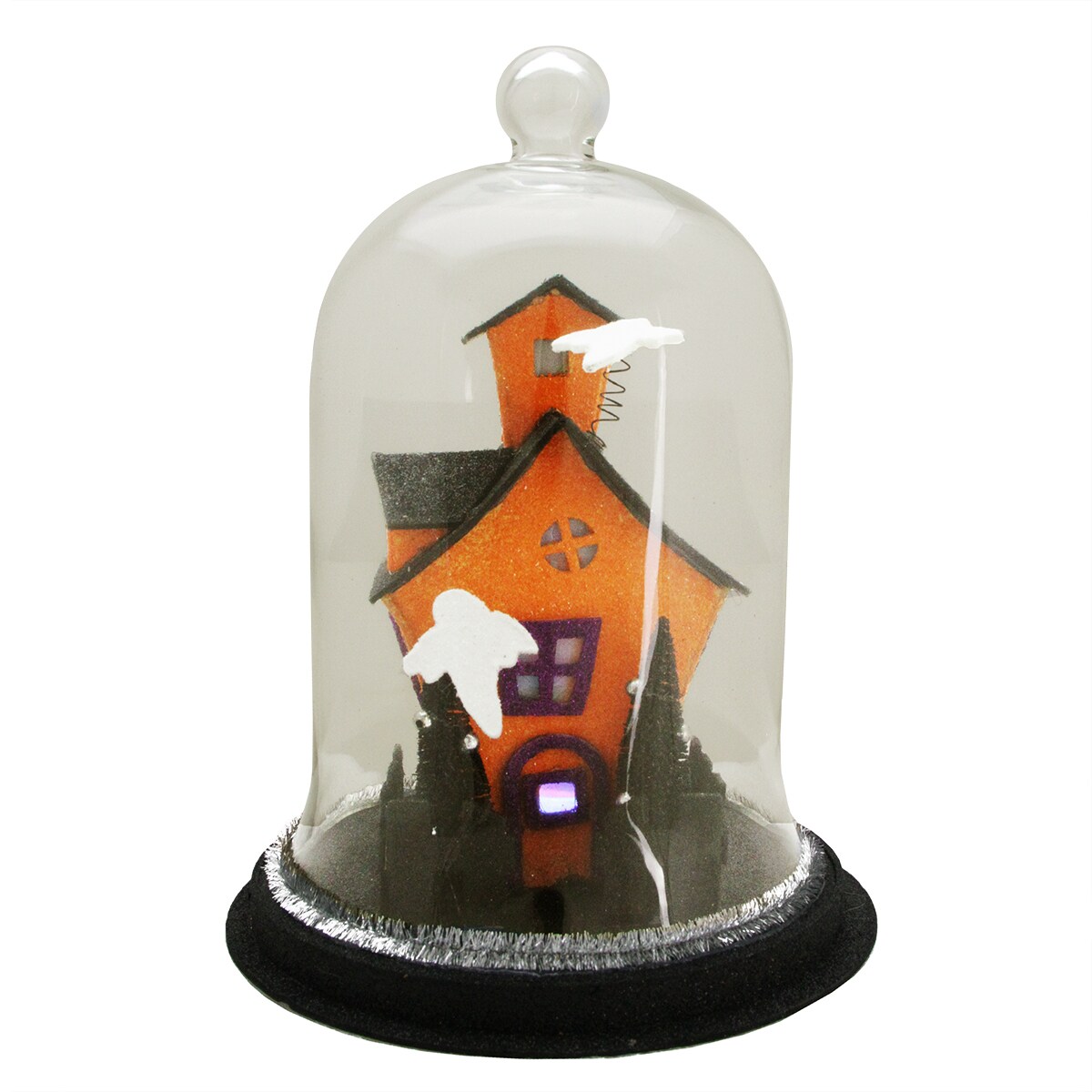 Midwest 9.75" Clear and Black LED Spooky House with Ghosts on the Roof Halloween Cloche