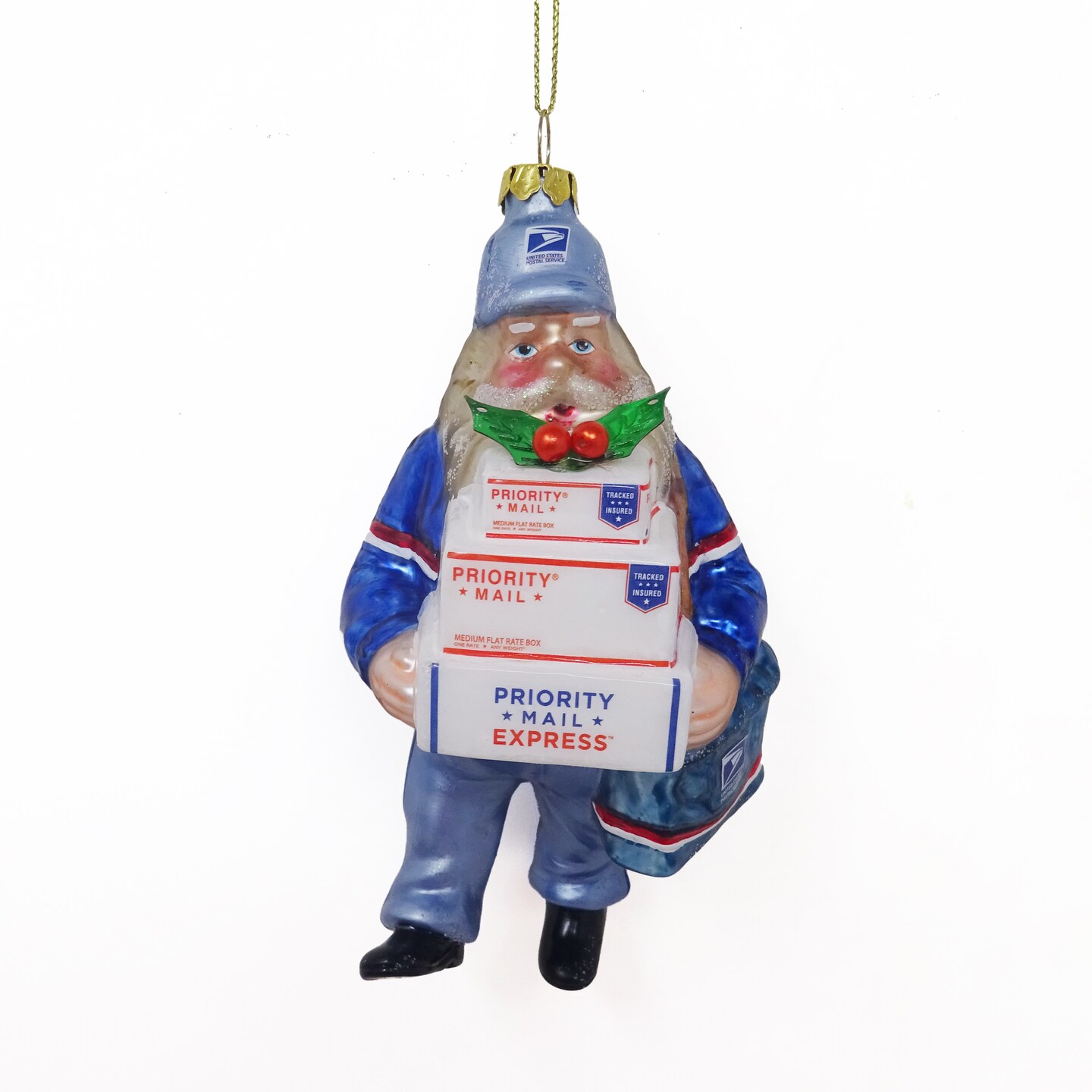 Northlight Busy Santa USPS &#x22;Priority Mail&#x22; Carrier Glass Christmas Ornament - 6&#x22; - Blue