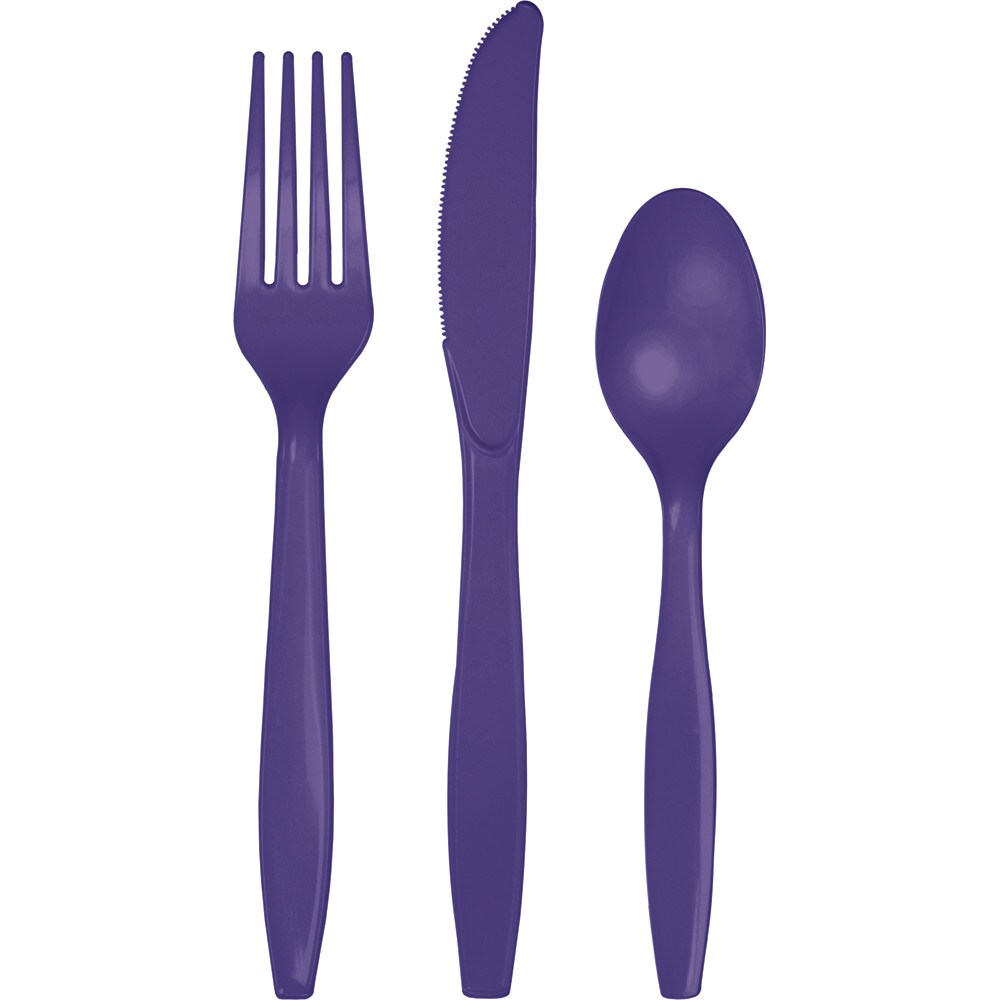 Party Central Club Pack of 216 Purple Plastic Party Knives, Forks and Spoons