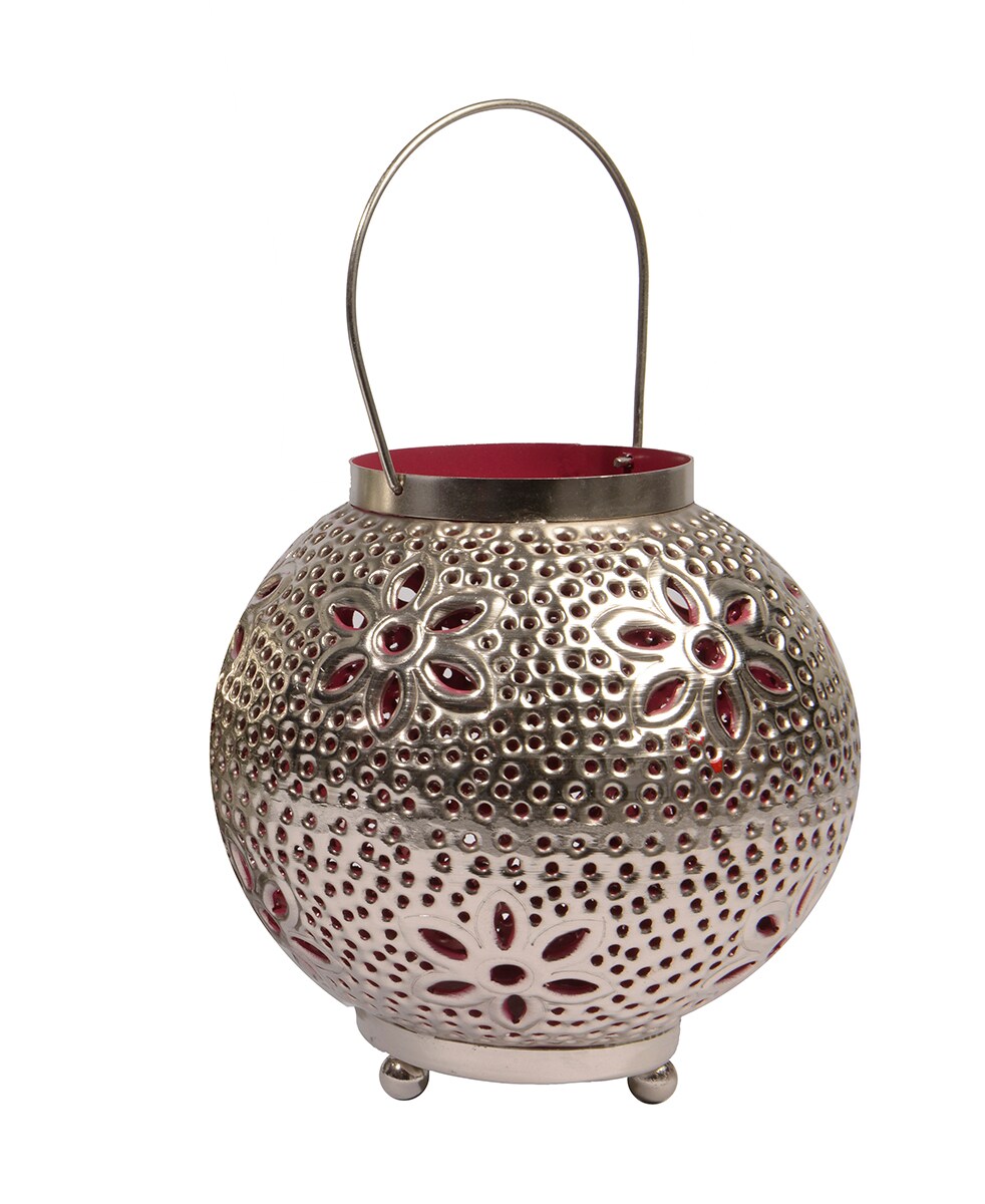 Kaemingk 8&#x22; Tropicalia Silver and Red Cut-Out Floral Votive Candle Holder
