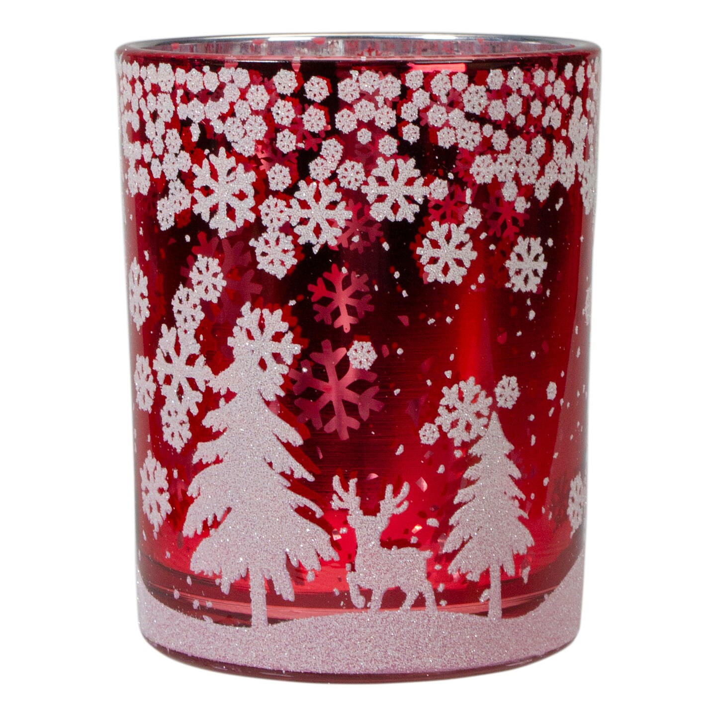 Northlight 5&#x22; Red and Shiny Silver Deer in Winter Woods Flameless Candle Holder