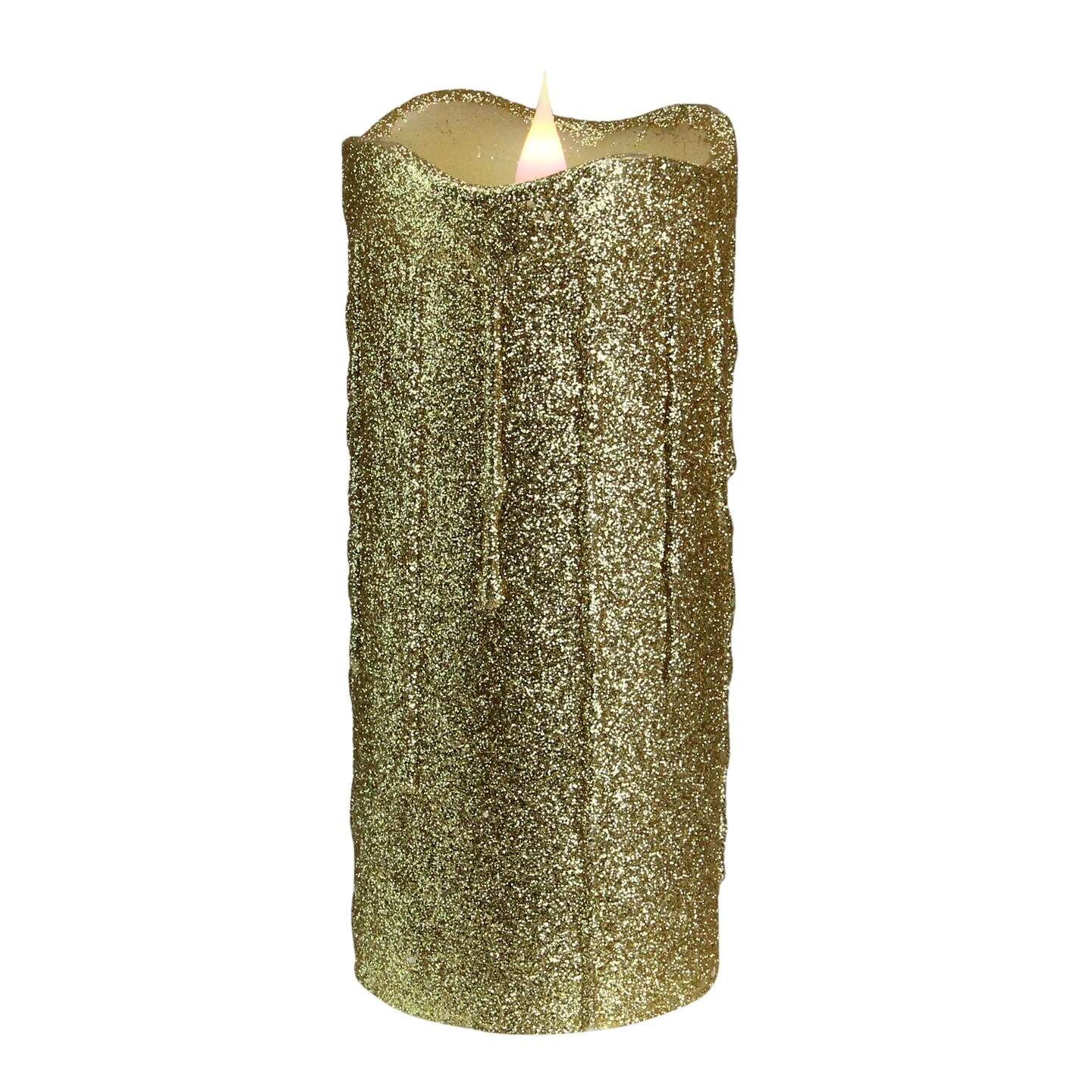 Melrose 7&#x22; Battery operated Gold Glittered Flameless LED Christmas Pillar Candle with Moving Flame