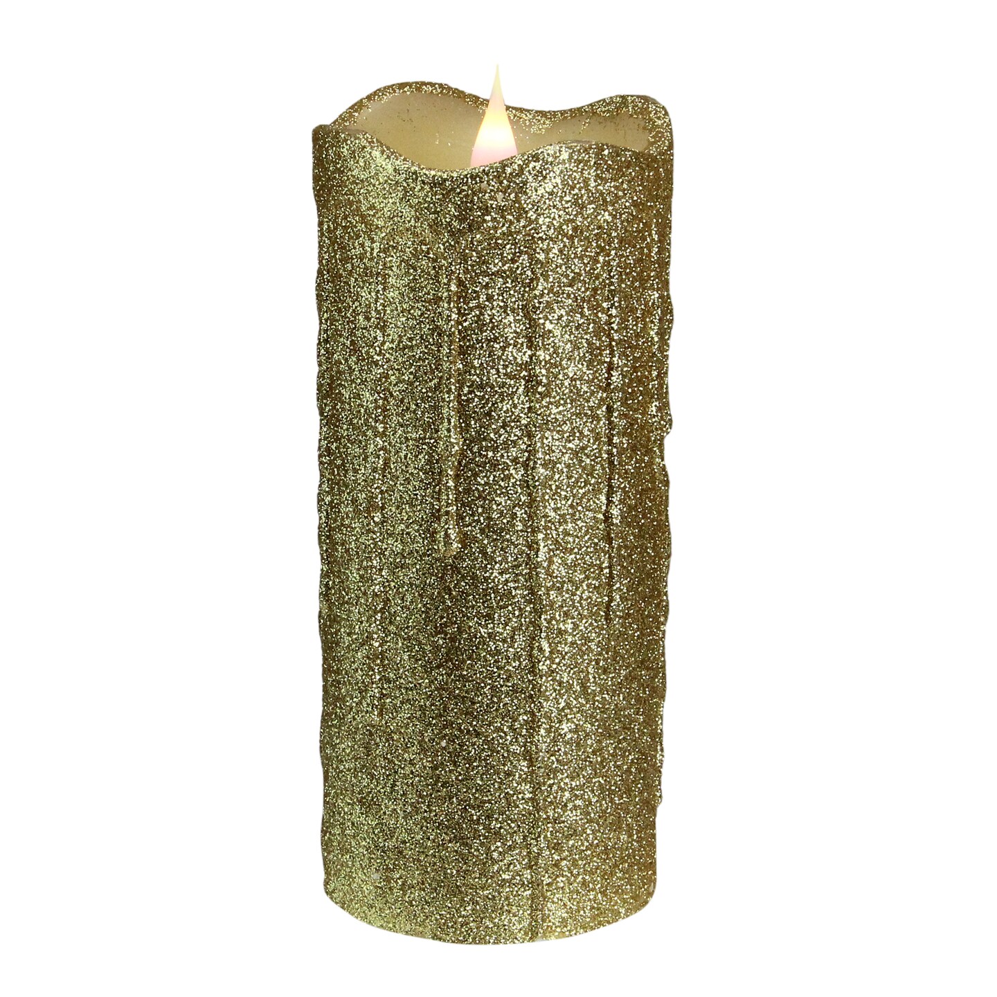 Melrose 7" Battery operated Gold Glittered Flameless LED Christmas Pillar Candle with Moving Flame