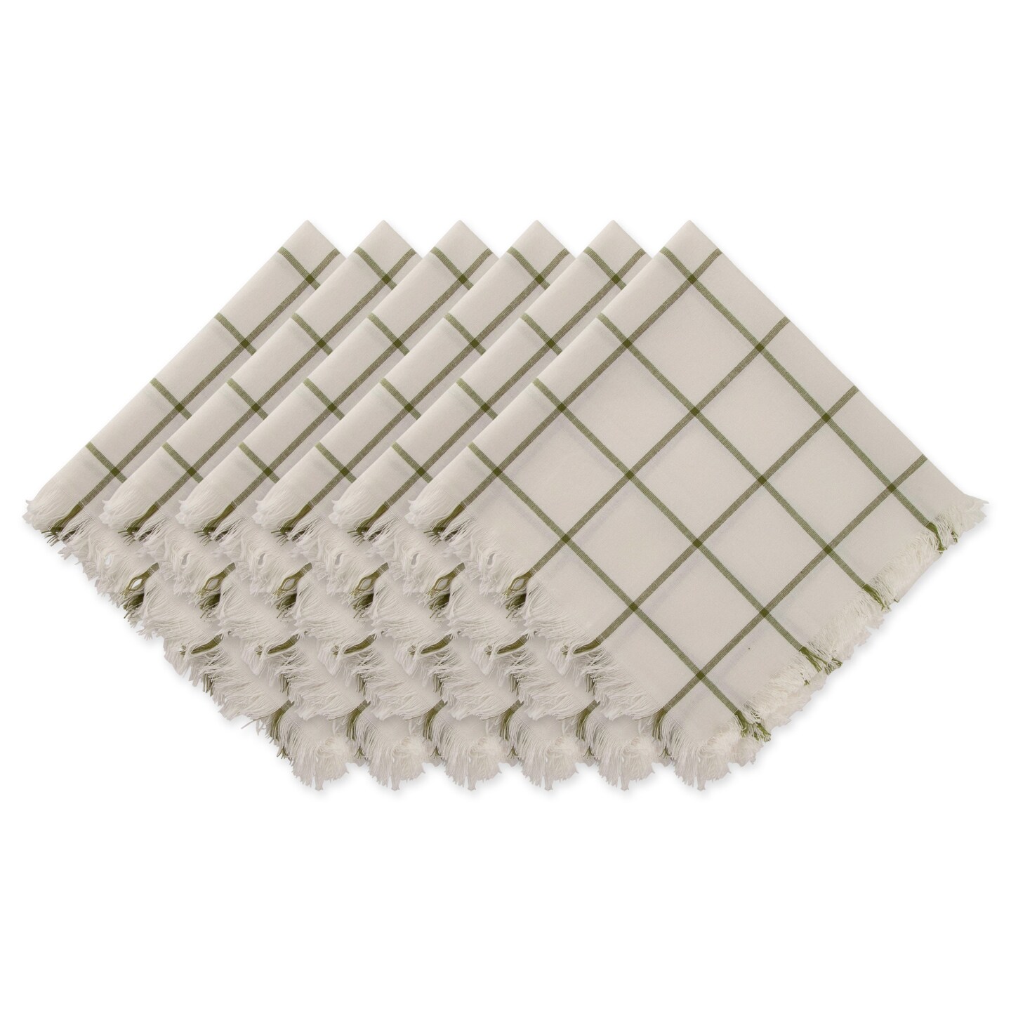 Contemporary Home Living Set of 6 20&#x22; x 20&#x22; Green and White Ventana Green Check Fringed Napkins