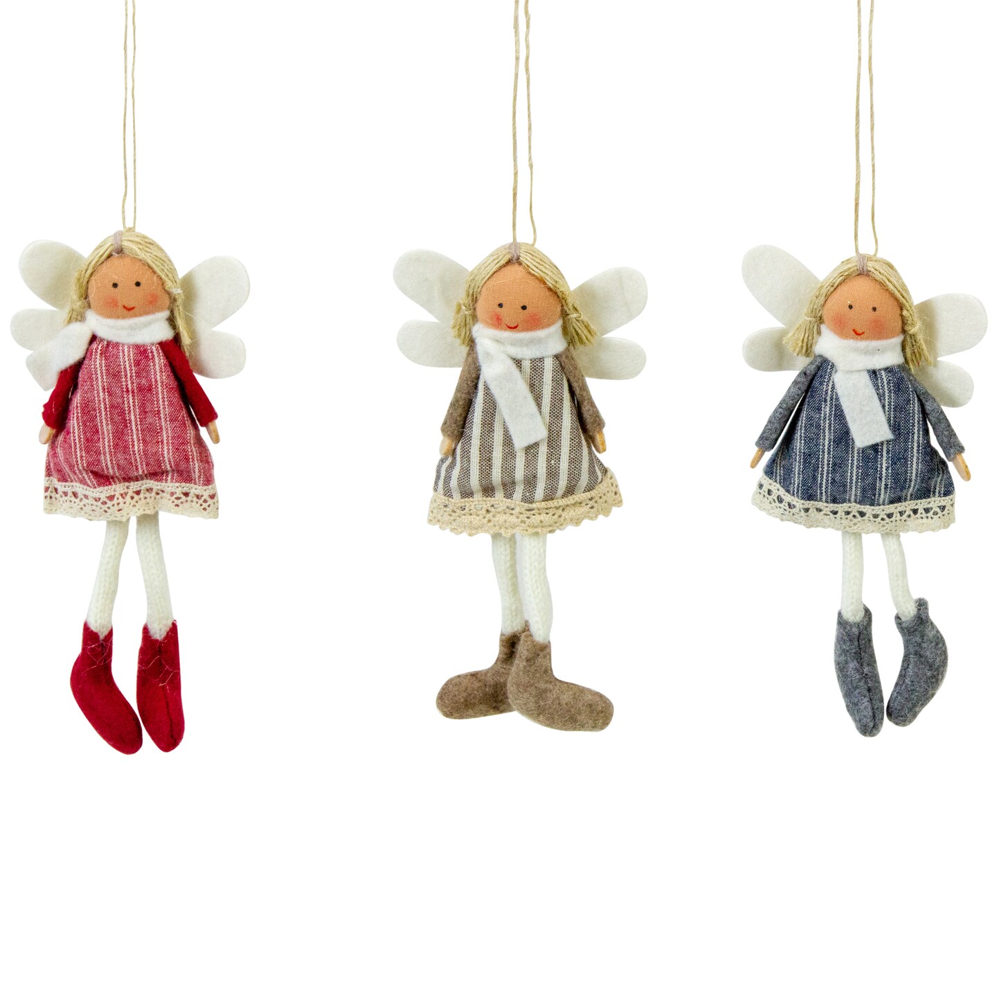 Northlight Angel Doll with Wings Christmas Ornaments - 6" - Red, Brown and Blue - Set of 3