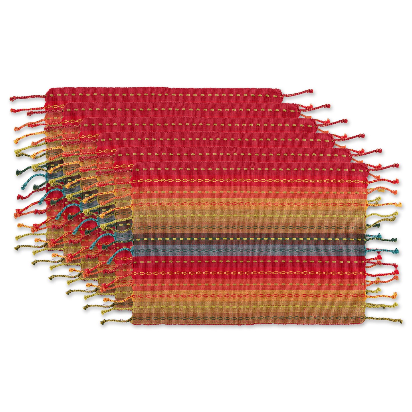 Contemporary Home Living Stitched Stripes Fringed Cotton Placemats - 19&#x22; - Red and Yellow - Set of 6