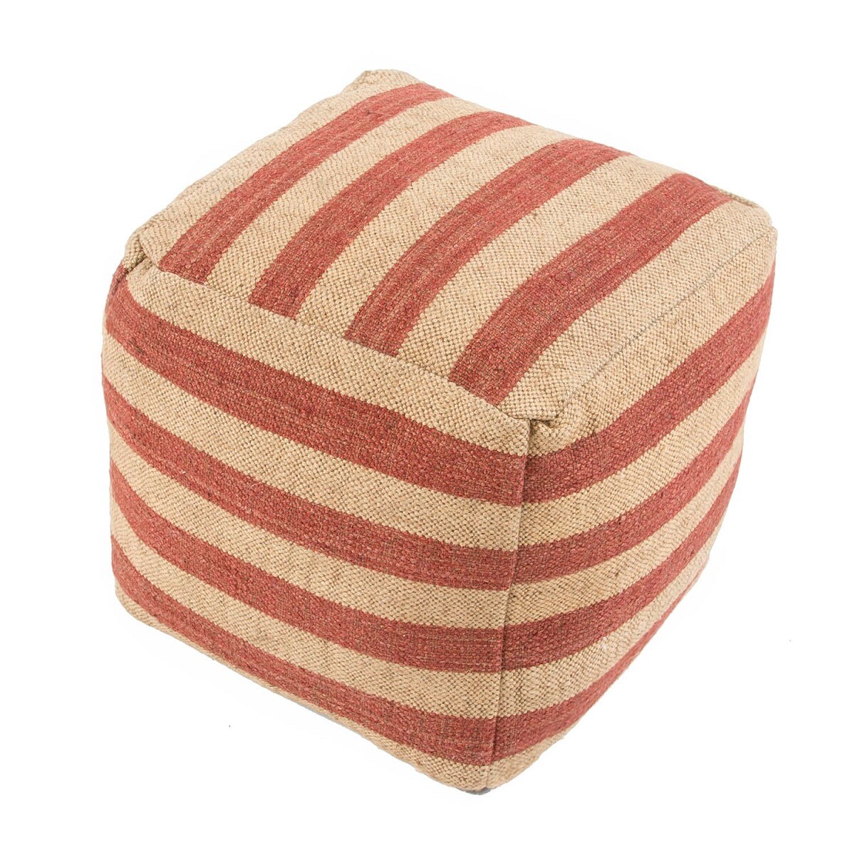 Jaipur Living 16&#x22; Clay Red and Sandy Tan Stripe Pattern Jute and Wool Pouf Ottoman