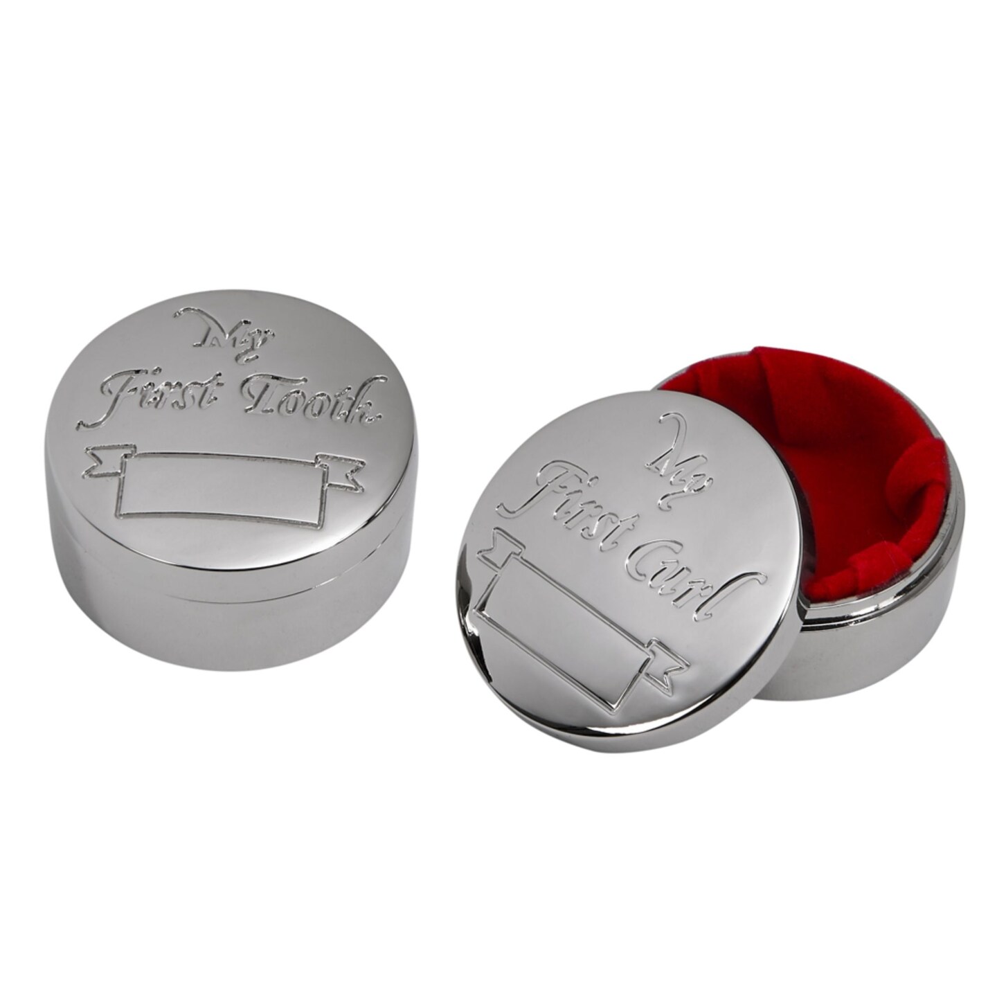 Contemporary Home Living Set of 2 Silver Baby 1st Curl and 1st Tooth Round Boxes