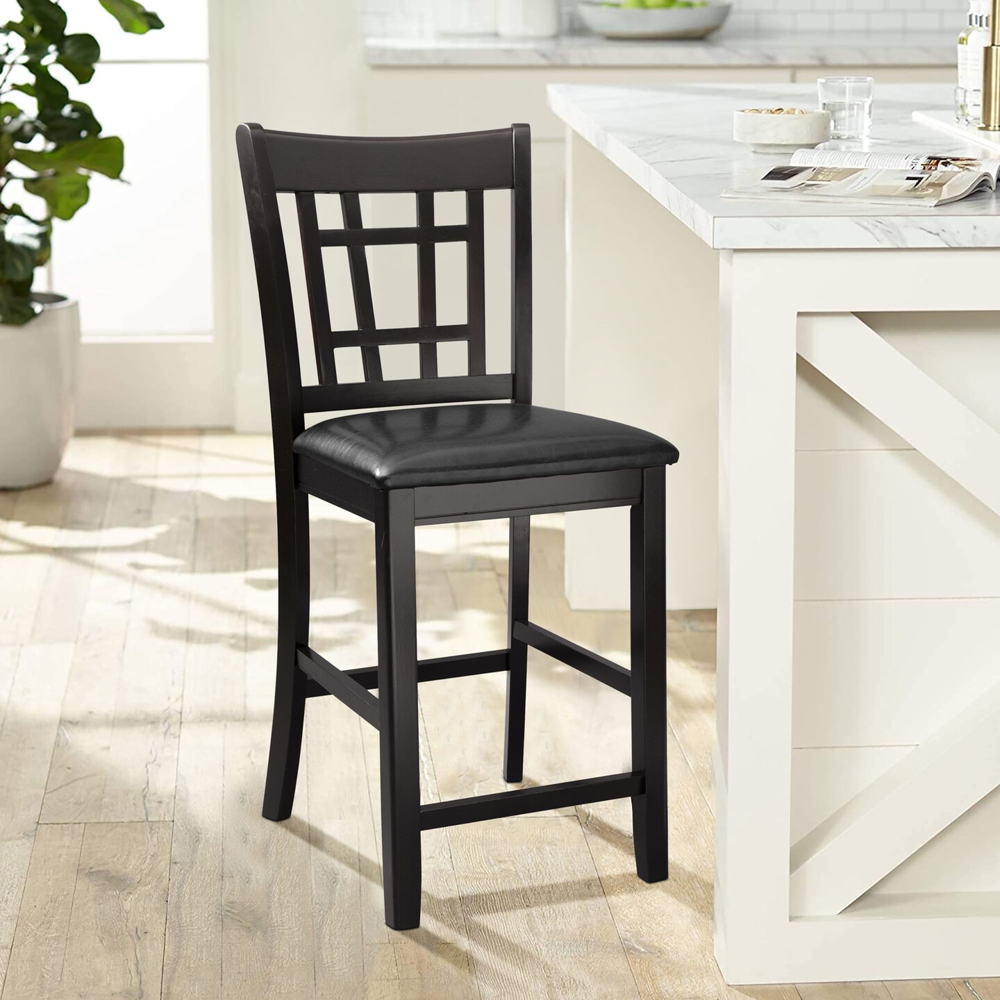 Contemporary Home Living Set of 2 Black Cherry Wooden Full Back Dining Bar Stool with Leather Seats 41.5"