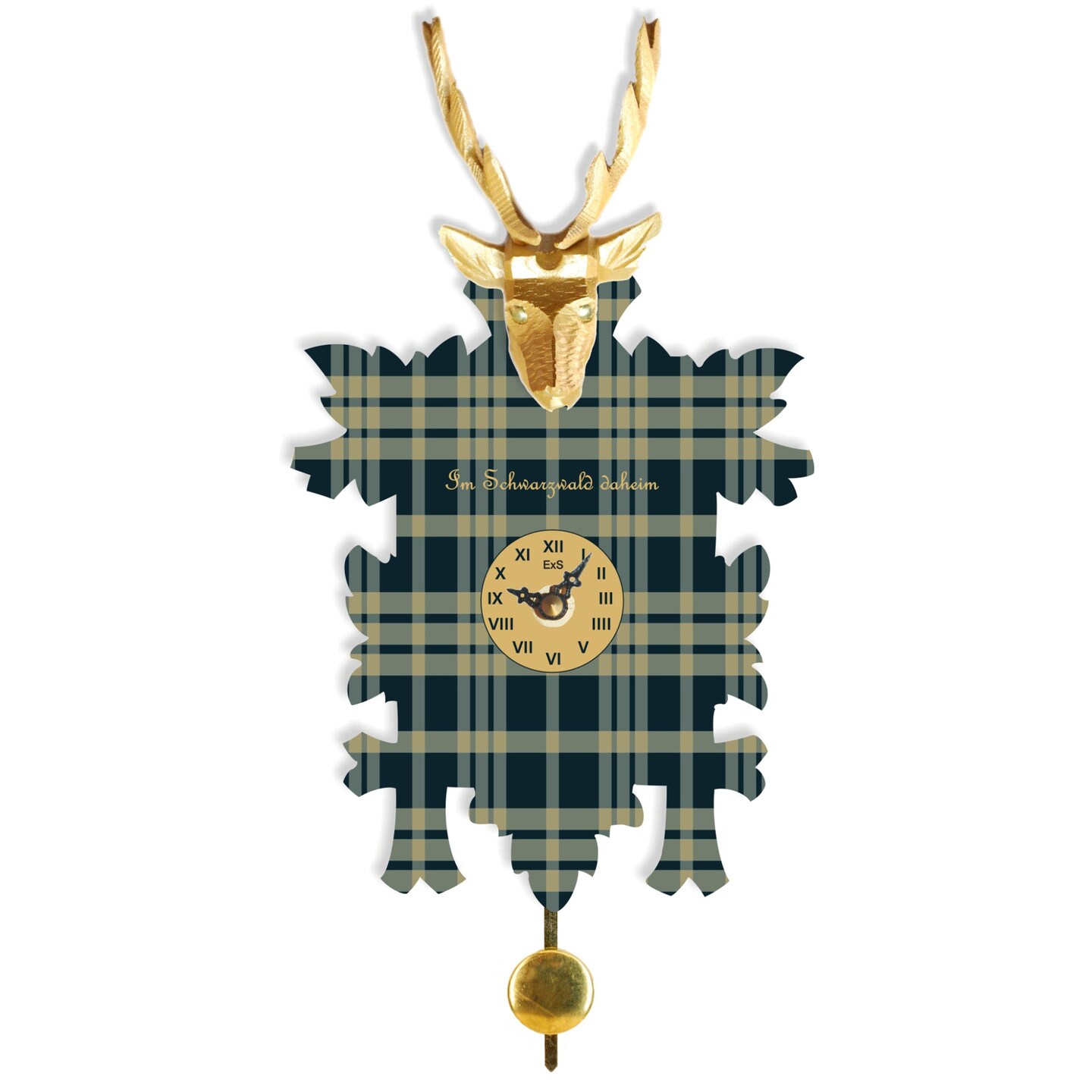 Hermle 11&#x22; Black and Gold Deer Plaid Cuckoo Wall Clock