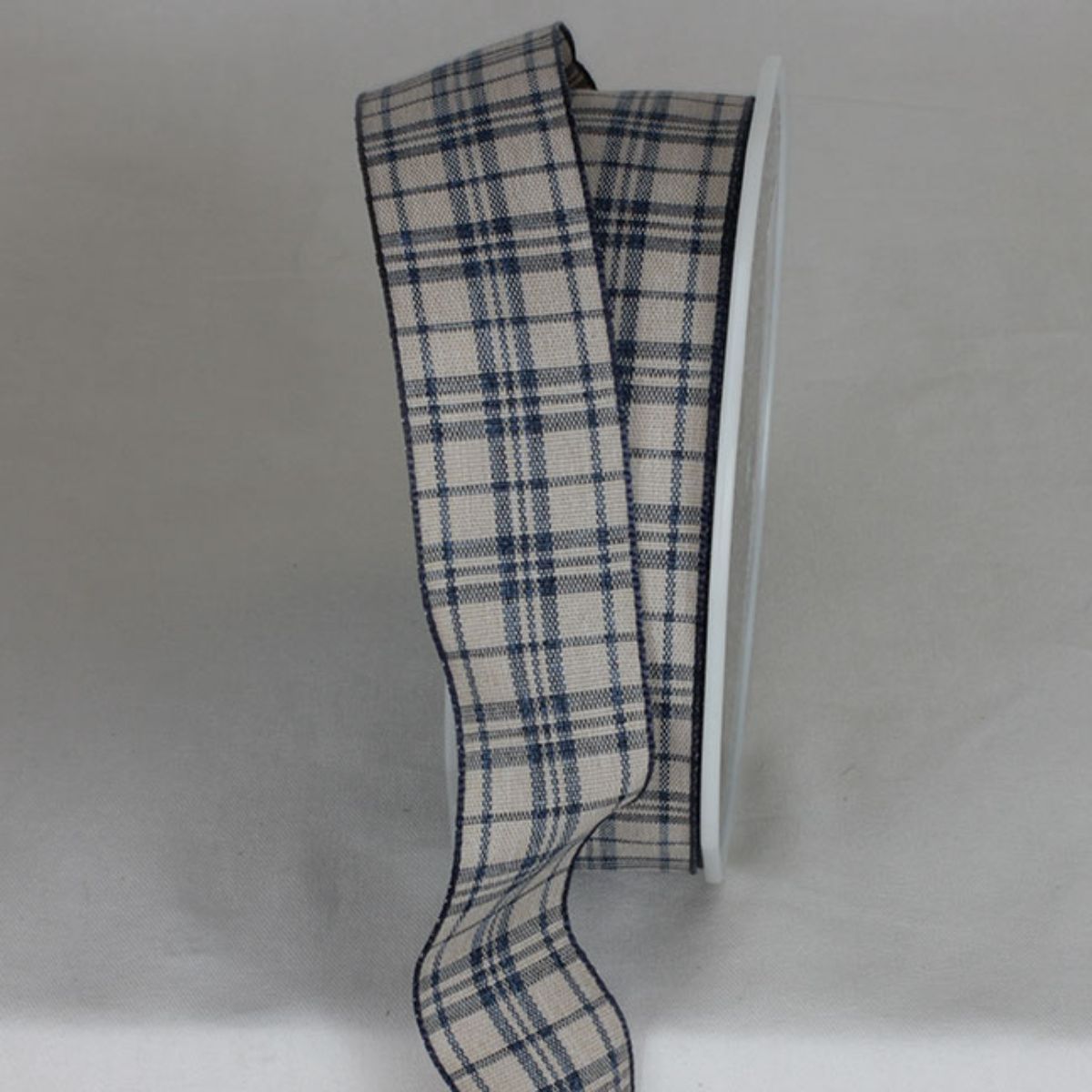 The Ribbon People Ivory and Navy Blue Plaid Metallic French Wired Craft Ribbon 1.5&#x22; x 33 Yards