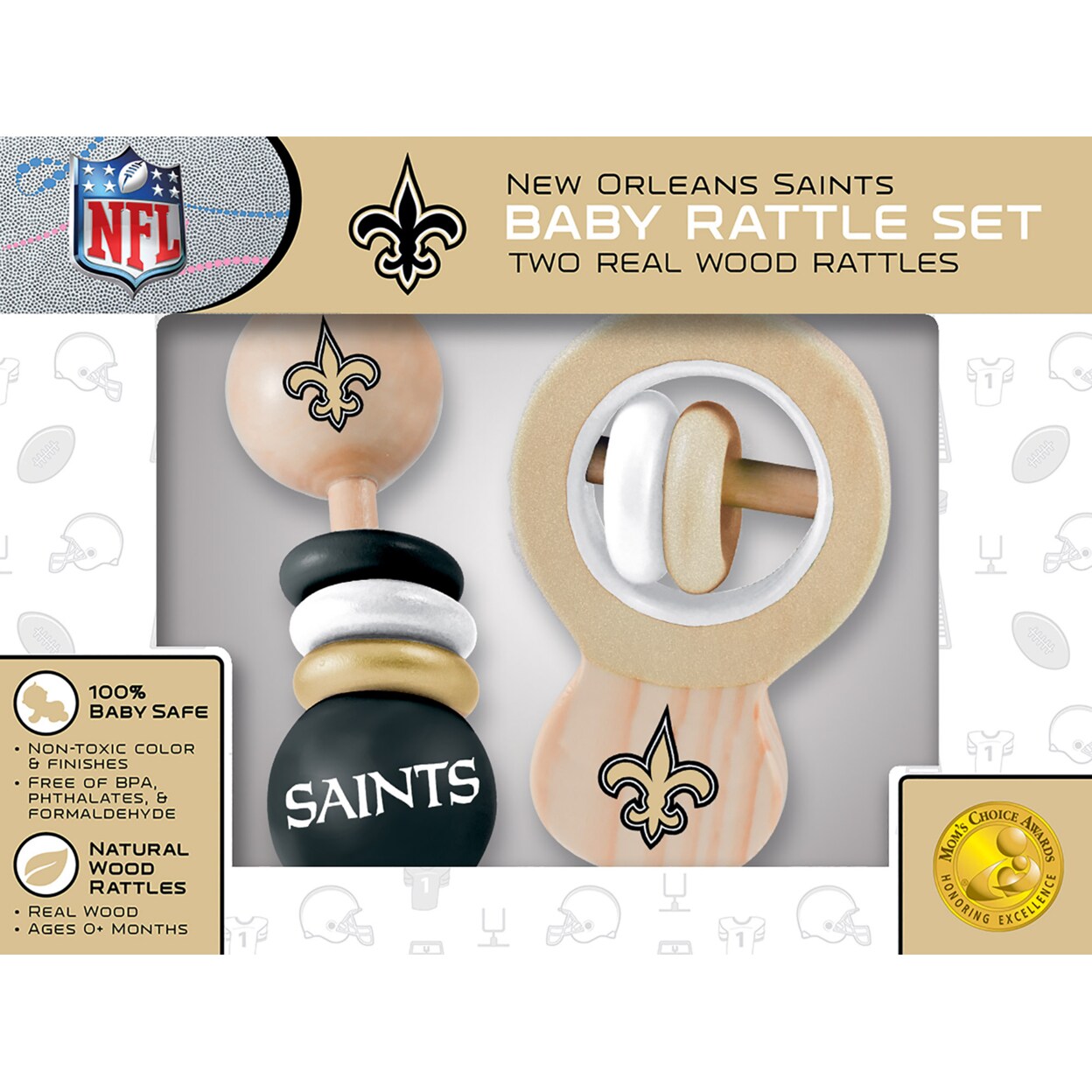 Baby Fanatic   Wood Rattle 2 Pack - NFL New Orleans Saints Baby Toy Set