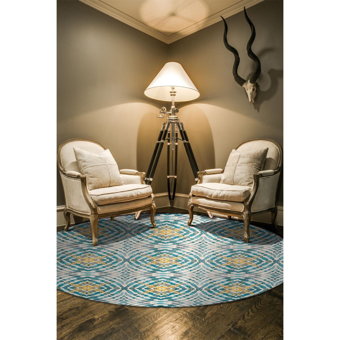 Feizy Home Collection 8.75&#x27; Blue and Yellow Abstract Round Area Throw Rug