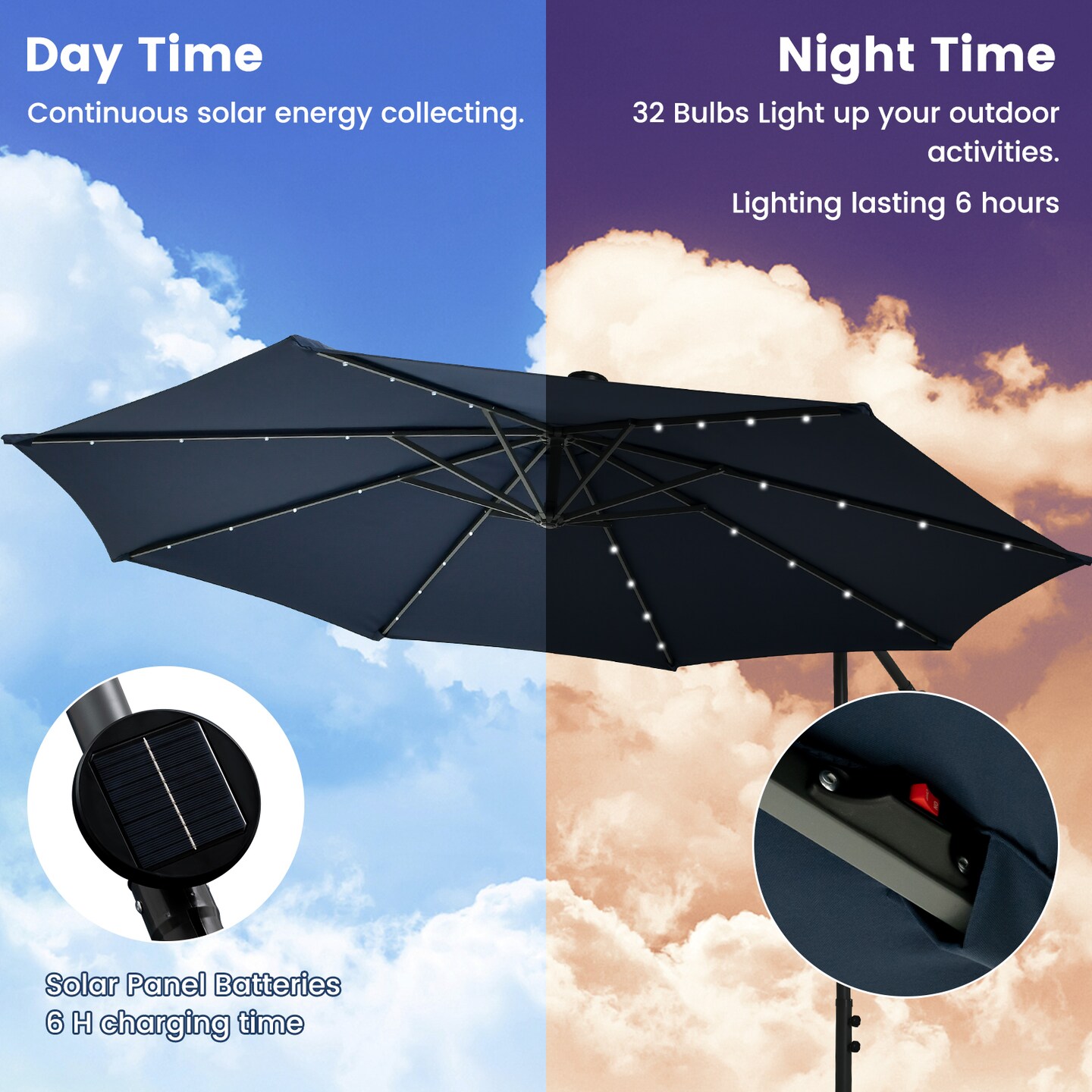 10 Feet Cantilever Umbrella with 32 LED Lights and Solar Panel Batteries