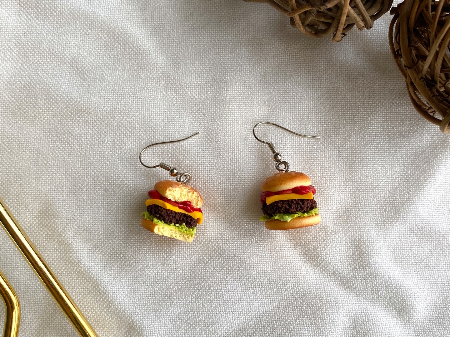 Minimalist Hamburger Earrings, Fun Cute Polymer Clay Food Cheeseburger Earrings Dangle, Handmade Summer Jewelry Unique Design Gifts product 5