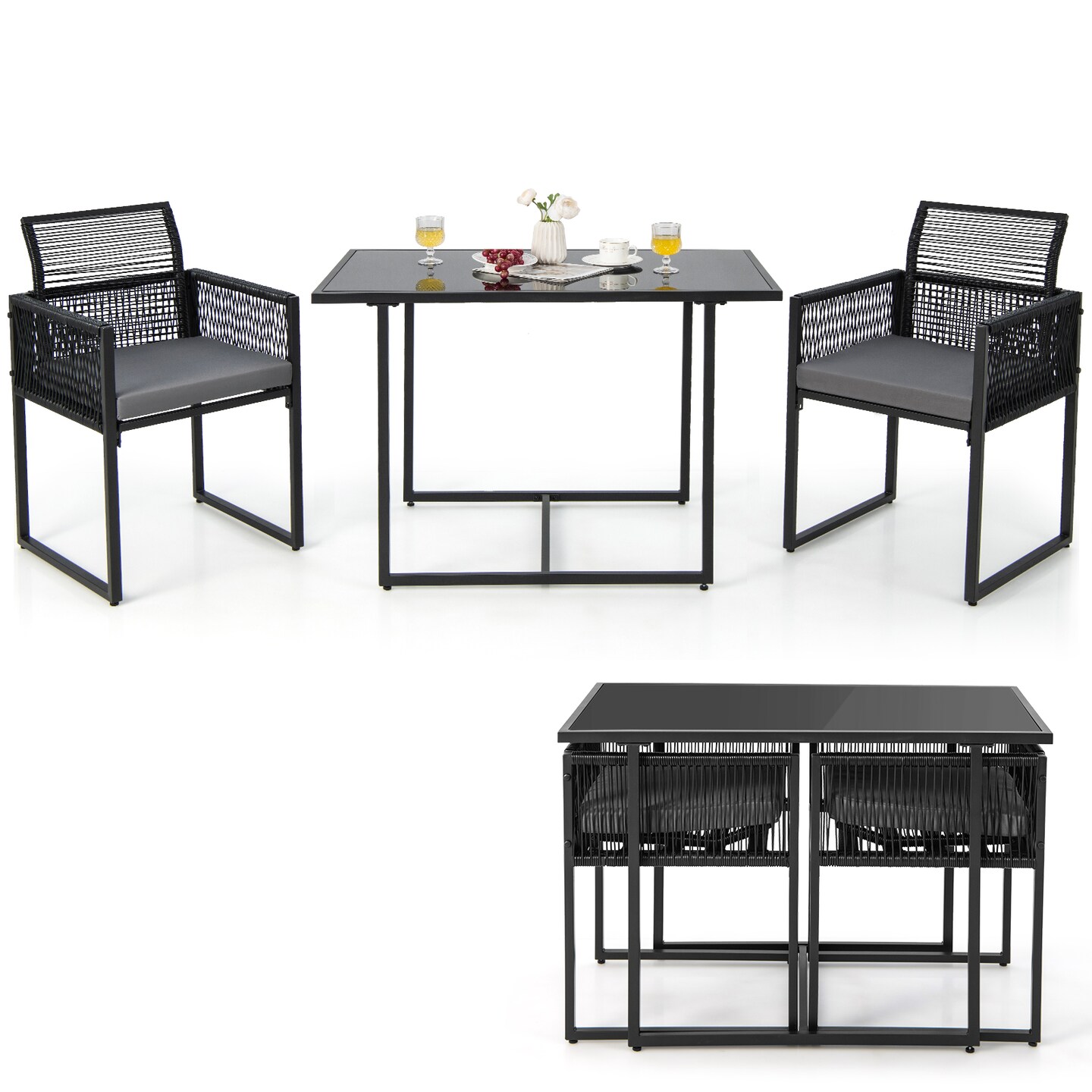 Outdoor 3-Piece Patio Furniture Set Folding Chairs Tempered Glass Table