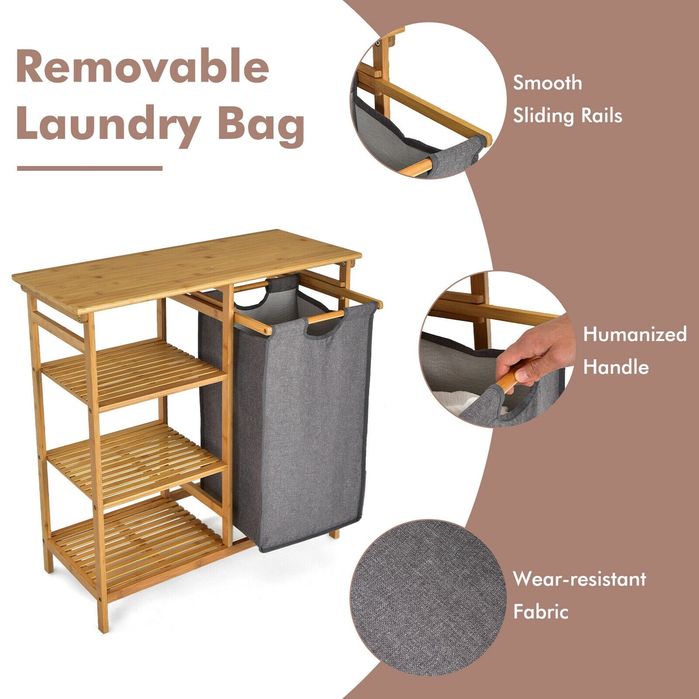 Wicker Laundry Hamper with 3-Tier Shelves and Pull-Out Bag Natural