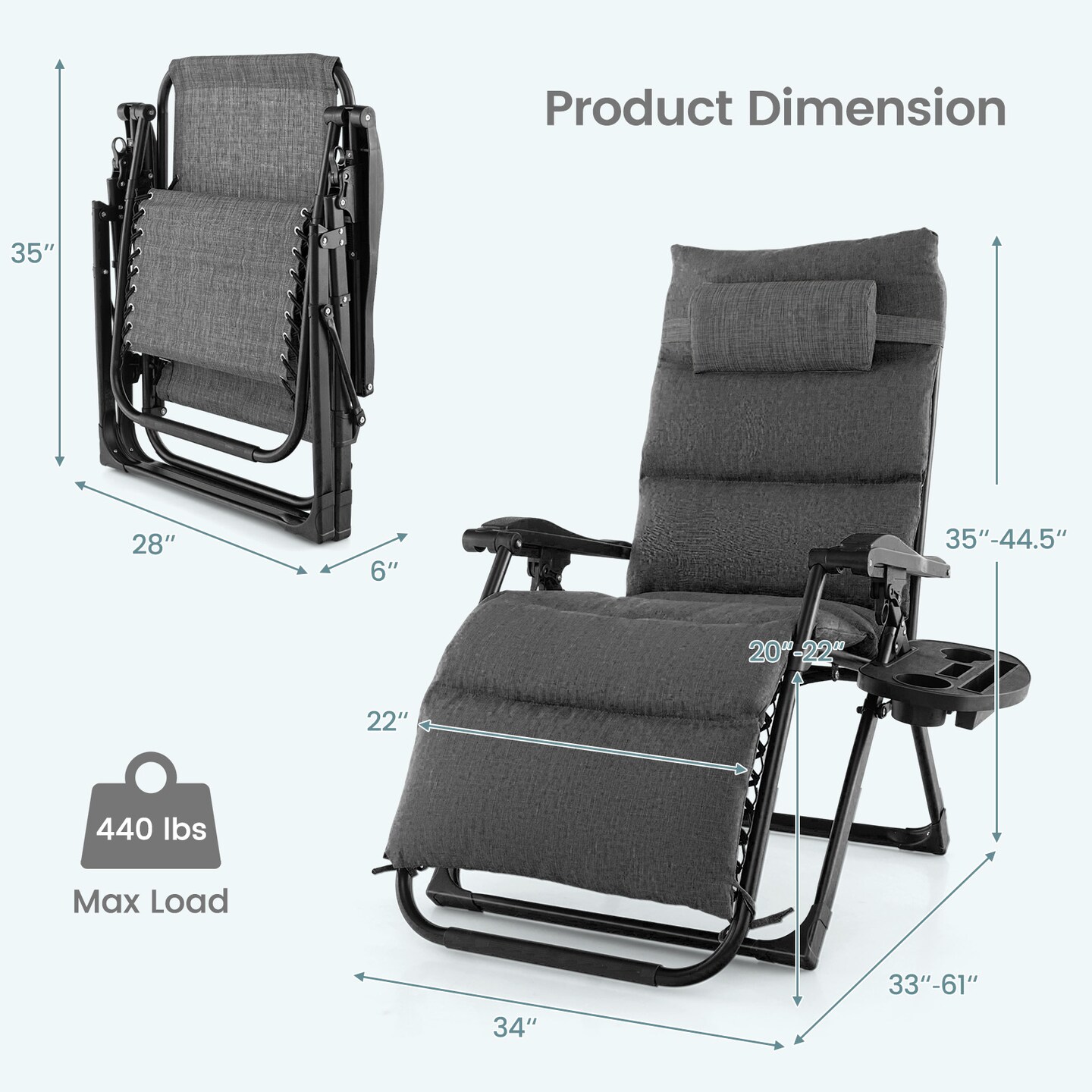 Adjustable Metal Zero Gravity Lounge Chair with Removable Cushion and Cup Holder Tray