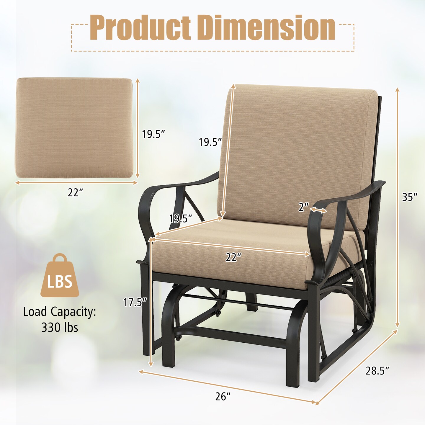 Tan Fabric Patio Glider Chair Outdoor Rocking Bench with High Back and Armrest
