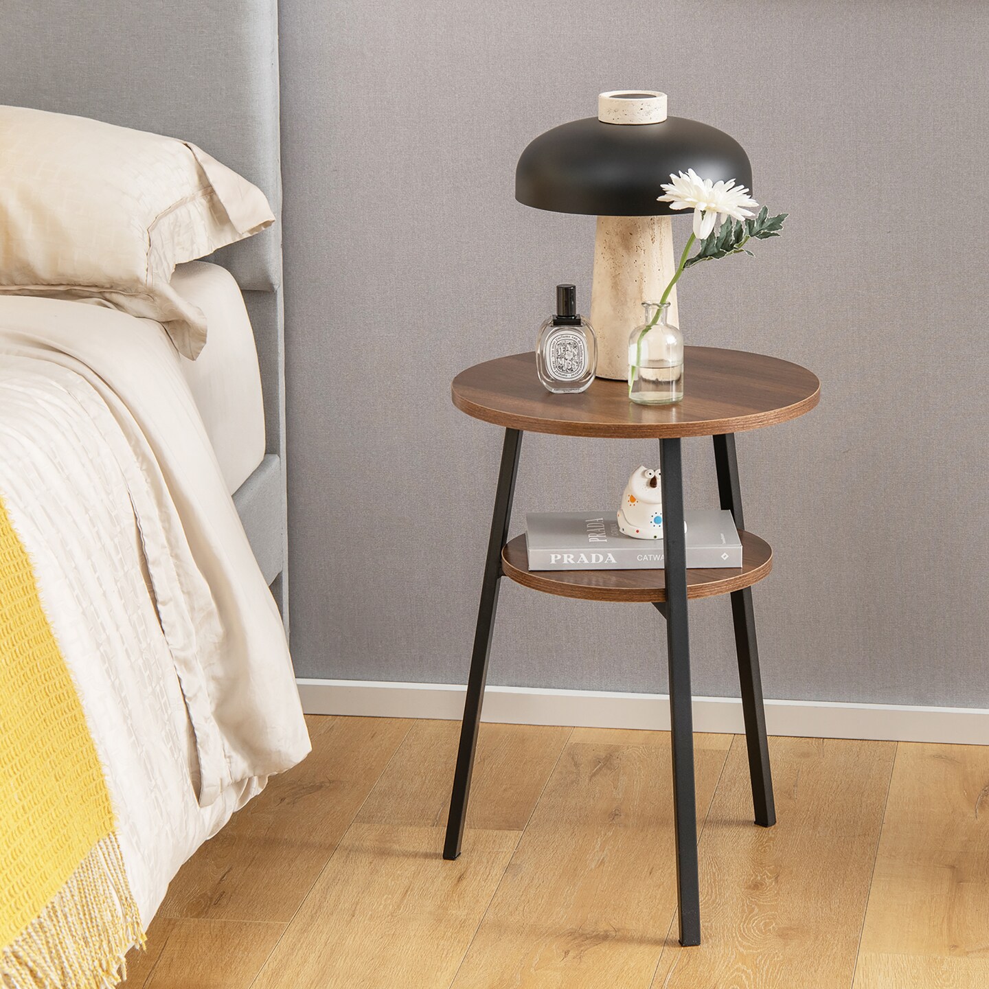 Costway 2PCS 2-Tier Bedside End Table Round Nightstand for Bedroom Living Room Brown/Walnut
