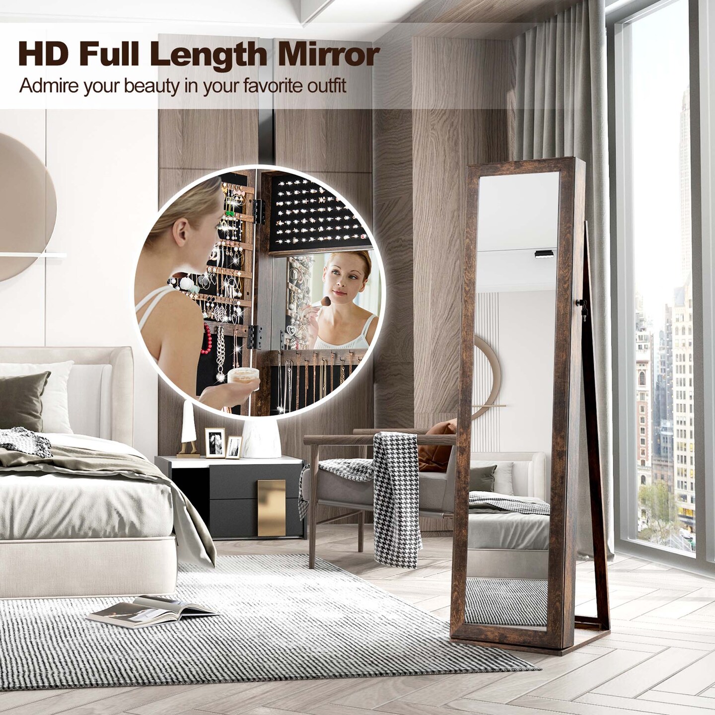 Costway Mirrored Jewelry Cabinet Armoire Lockable Standing Storage Organizer with Shelf Black/White/Coffee/Dark Brown