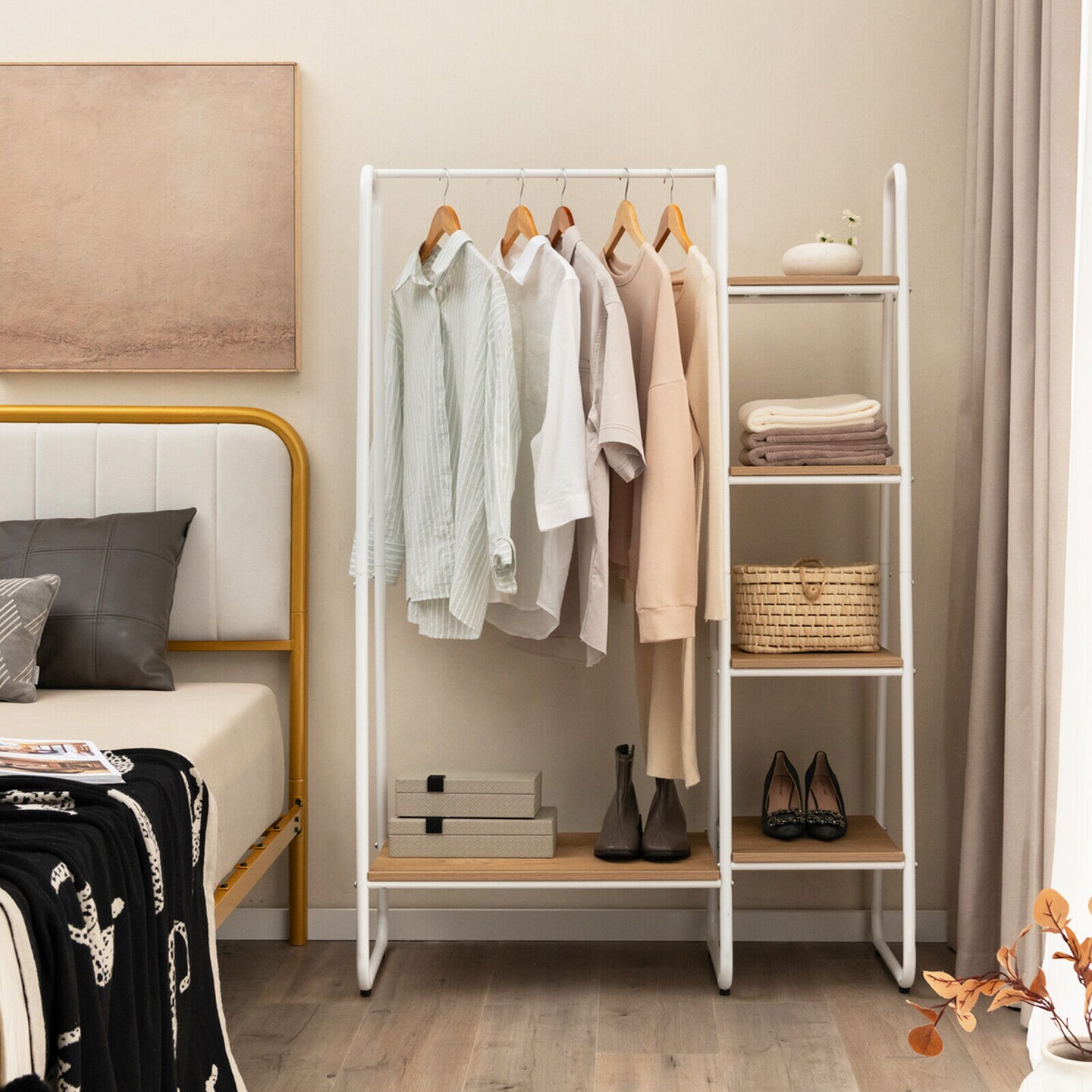 Clothes Rack Free Standing Storage Tower with Metal Frame Suitable for Various Place