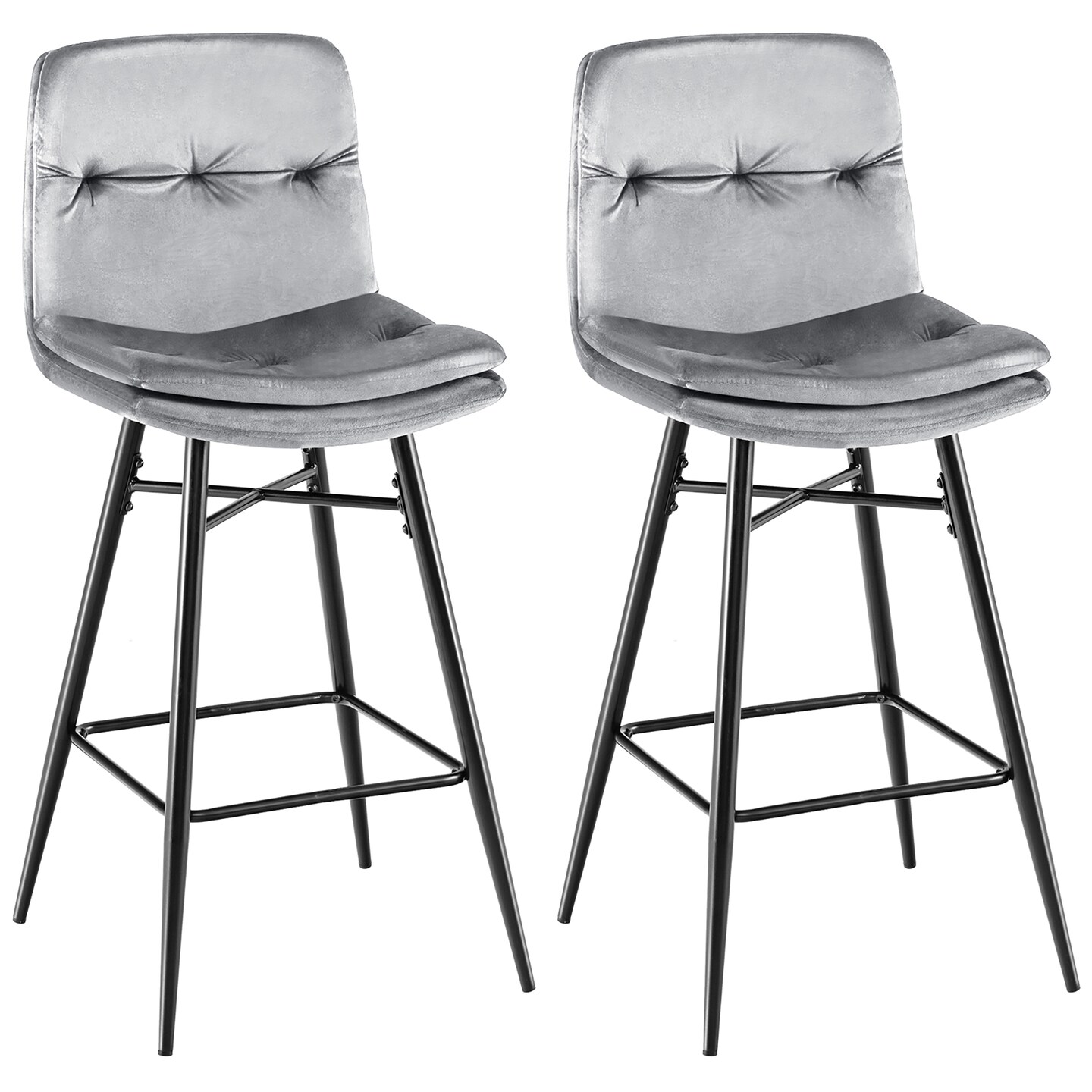 Costway Set of 2 Velvet Bar Stools Bar Height Kitchen Dining Chairs with Metal Legs Blue/Grey