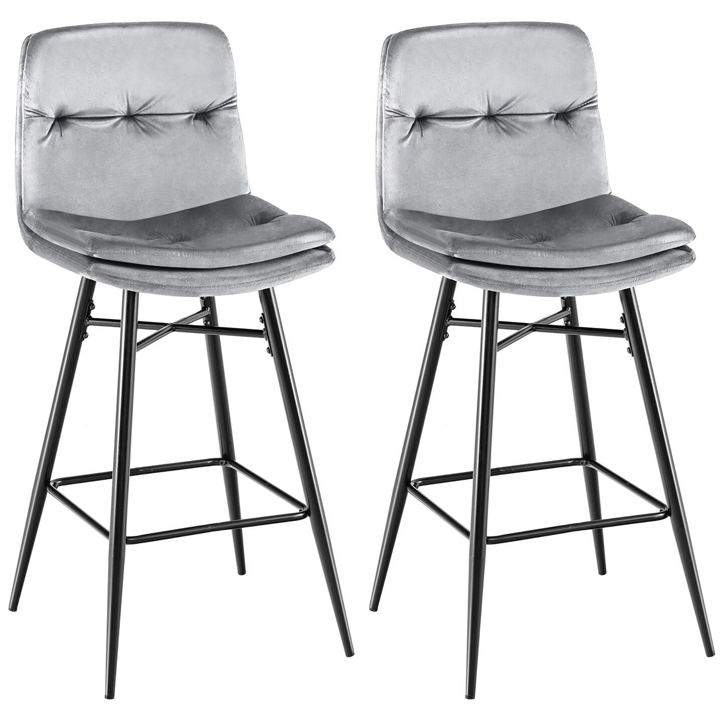 Costway Set of 2 Velvet Bar Stools Bar Height Kitchen Dining Chairs with Metal Legs Blue/Grey