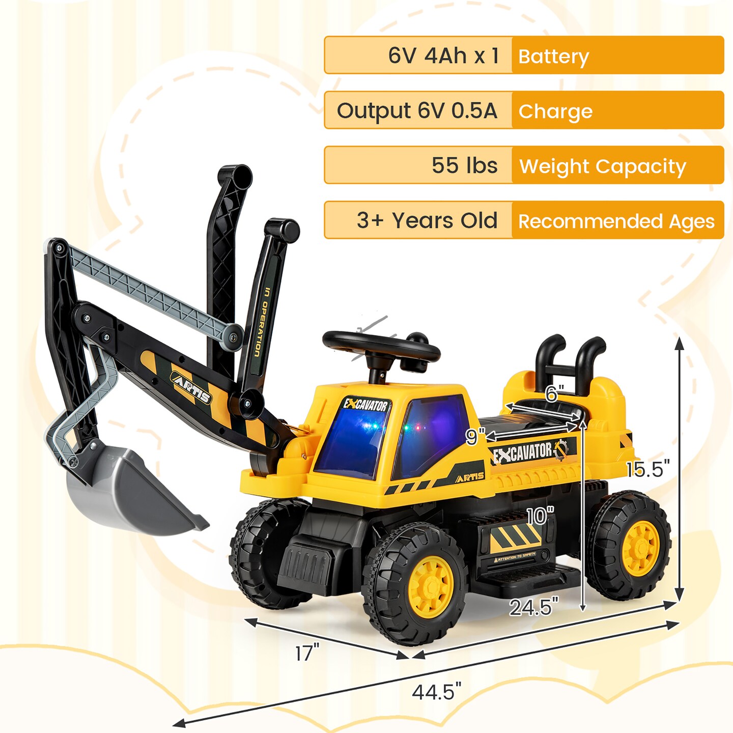 Costway Kids Ride on Excavator Digger Electric Construction Vehicles with  Lights & Music